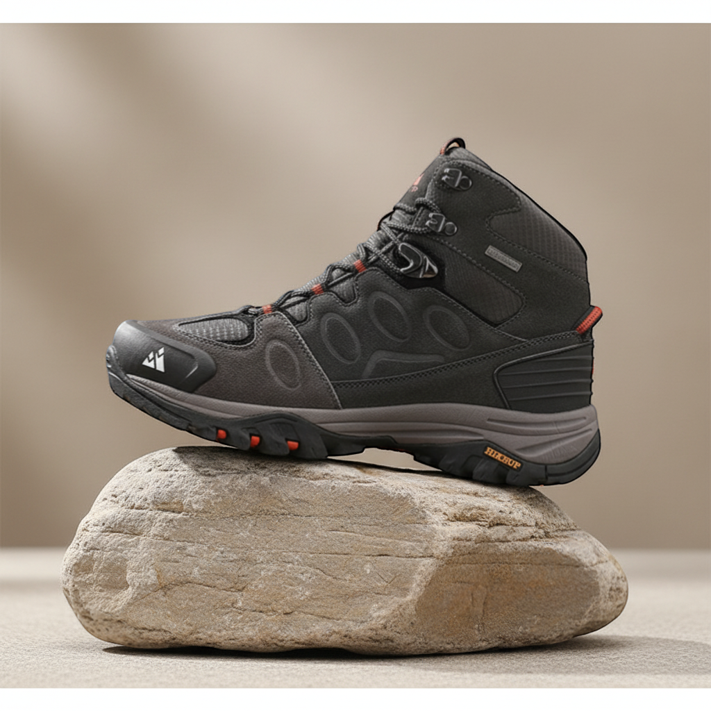 Chaussures de randonnée montantes pour homme en gris anthracite avec détails rouges, posées sur un rocher. Ce modèle robuste est doté d’une semelle crantée offrant une bonne accroche, avec des renforts à l’avant et un maintien renforcé de la cheville pour les terrains accidentés.
