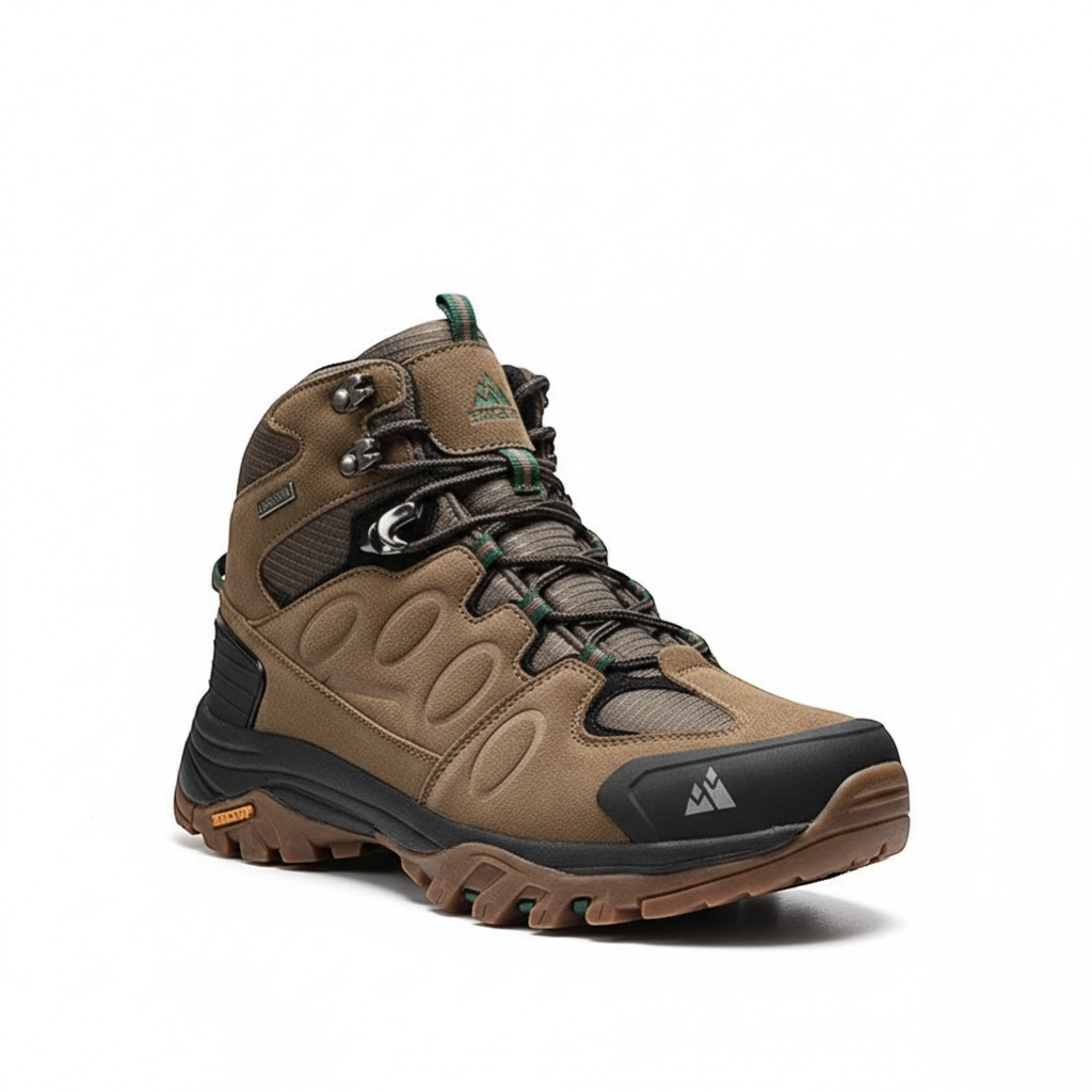 Chaussures de randonnée montantes pour homme en cuir suédé marron sur fond neutre. Ce modèle robuste est doté d’une semelle crantée offrant une bonne accroche, avec des renforts à l’avant et un maintien optimal de la cheville.