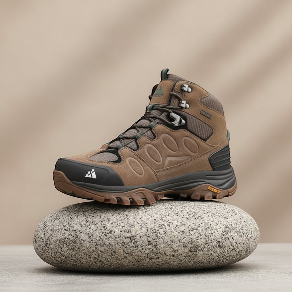 Chaussures de randonnée montantes pour homme en cuir suédé marron, posées sur un rocher. Ce modèle robuste est équipé d’une semelle crantée offrant une bonne accroche, avec des renforts à l’avant et un maintien renforcé au niveau de la cheville.