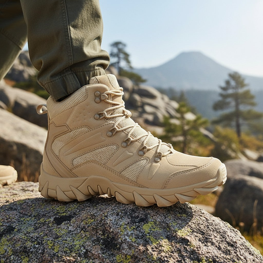 Chaussures de randonnée montantes pour homme en beige portées sur un rocher en montagne. Ce modèle robuste dispose d’une semelle crantée offrant une excellente accroche et un bon maintien sur terrain accidenté.
