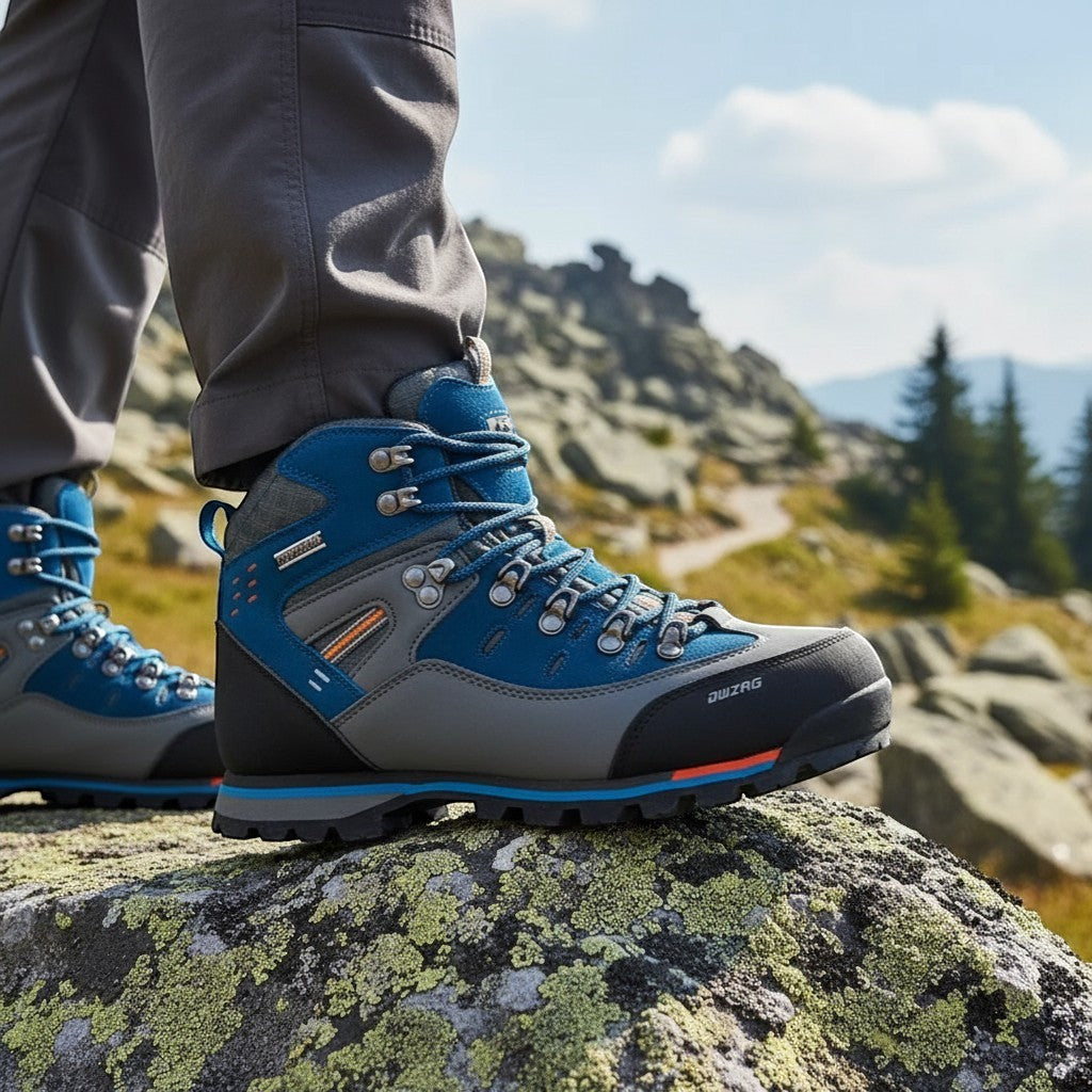 Chaussures de randonnée montantes pour homme en bleu et gris portées sur un rocher en montagne. Ce modèle assure une bonne adhérence grâce à sa semelle crantée et un maintien optimal sur terrain accidenté.