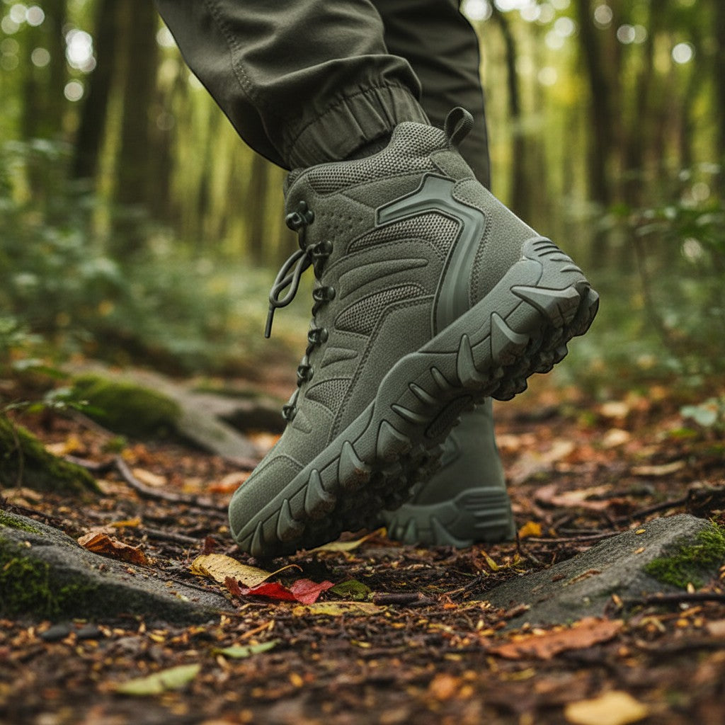 Chaussures de randonnée montantes pour homme en vert militaire portées sur un sentier forestier. Ce modèle offre une semelle crantée assurant une bonne adhérence et une stabilité optimale sur terrain naturel.