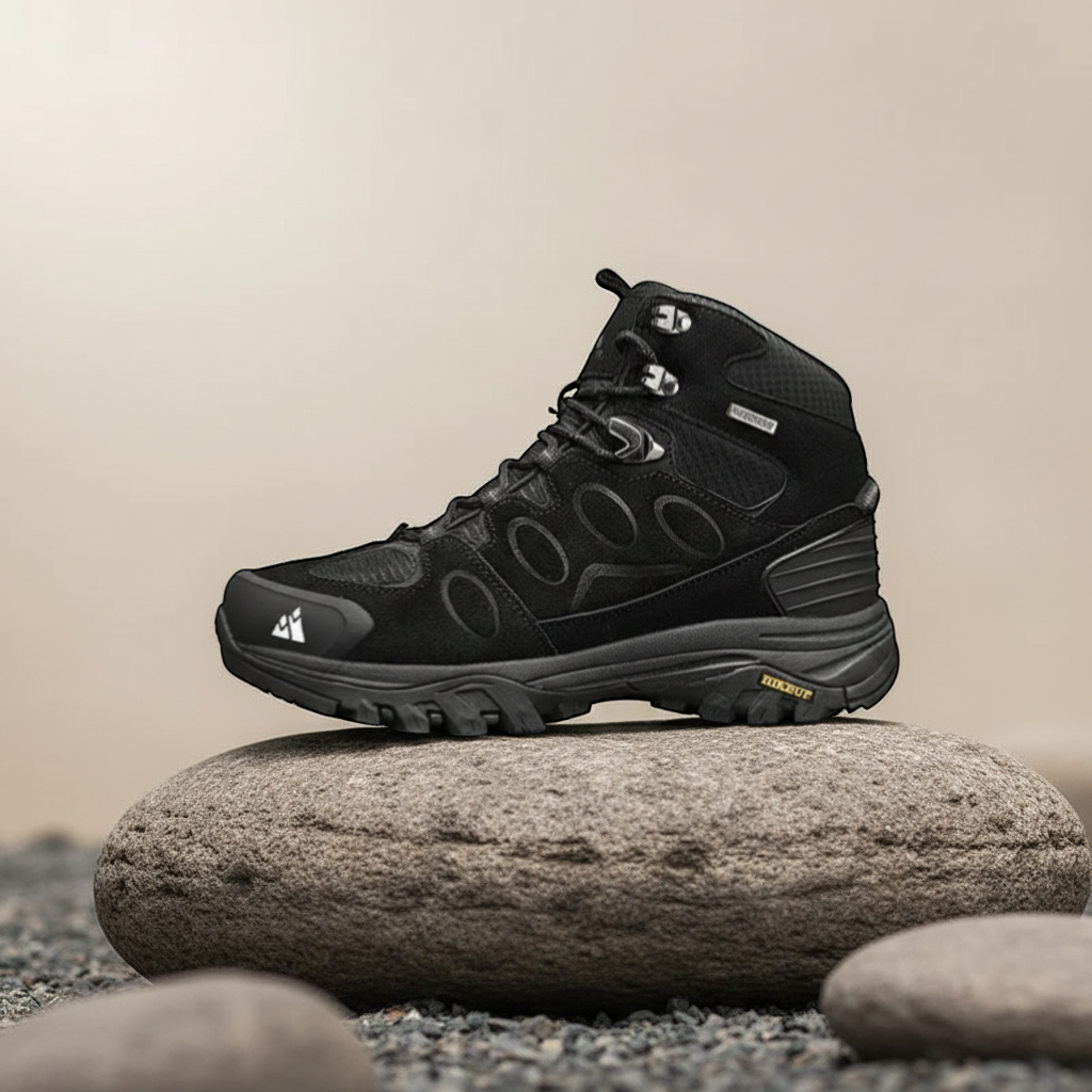 Chaussures de randonnée montantes pour homme en coloris noir, posées sur un rocher. Ce modèle robuste est équipé d’une semelle crantée offrant une bonne accroche, avec des renforts à l’avant et un maintien renforcé de la cheville pour les terrains accidentés.