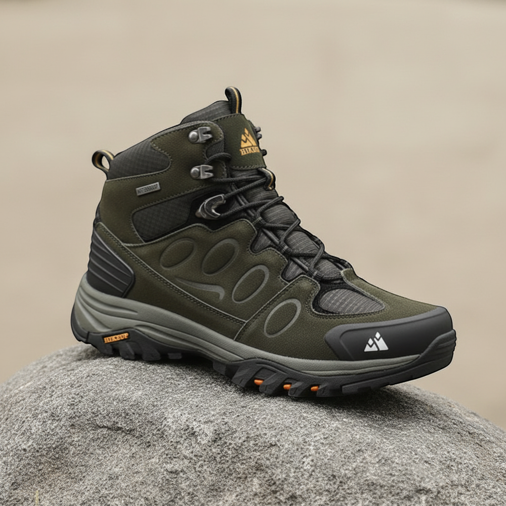 Chaussures de randonnée montantes pour homme en coloris noir et vert, posées sur un rocher. Ce modèle robuste dispose d’une semelle crantée offrant une bonne accroche, avec des renforts à l’avant et un maintien renforcé de la cheville pour les terrains exigeants.