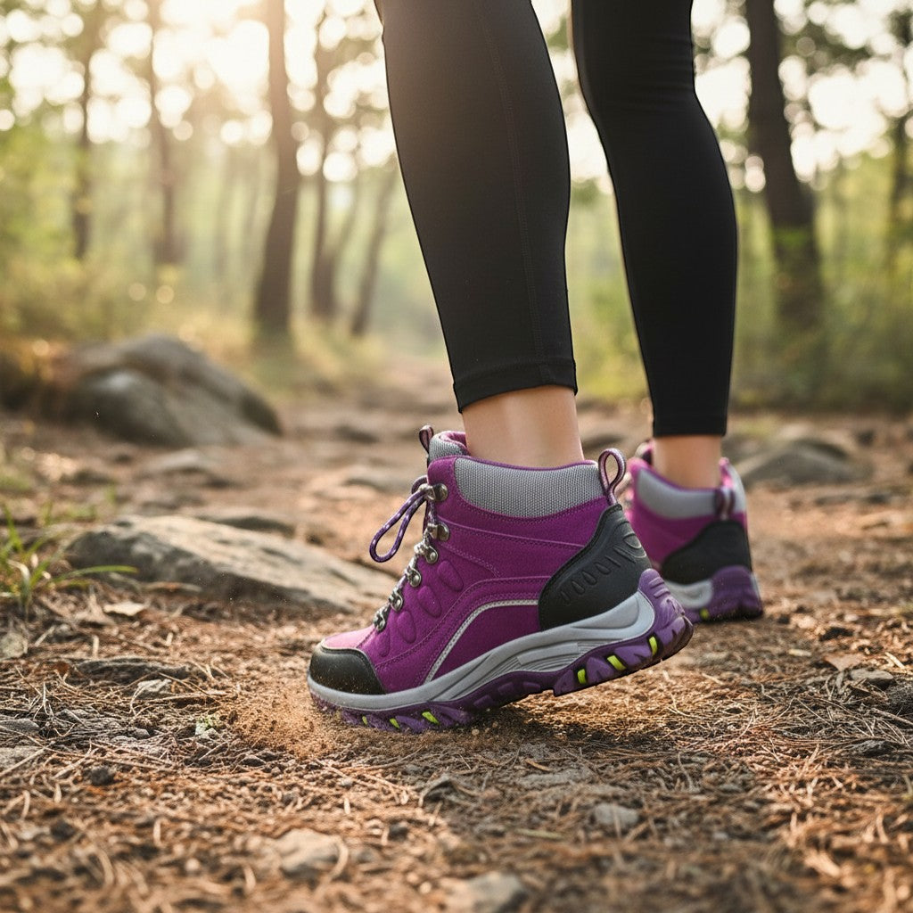 Chaussures de randonnée hiver femme portées en forêt offrant stabilité et adhérence sur terrain naturel.