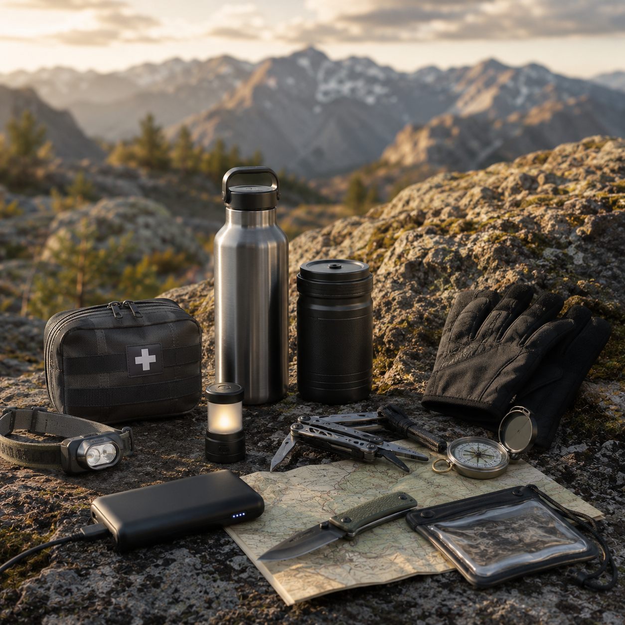 Équipement de randonnée avec lampe frontale, gourde, trousse de secours, gants, carte et accessoires outdoor posés sur un rocher en montagne, idéal pour illustrer la préparation au trekking avec Passion Randonnée.