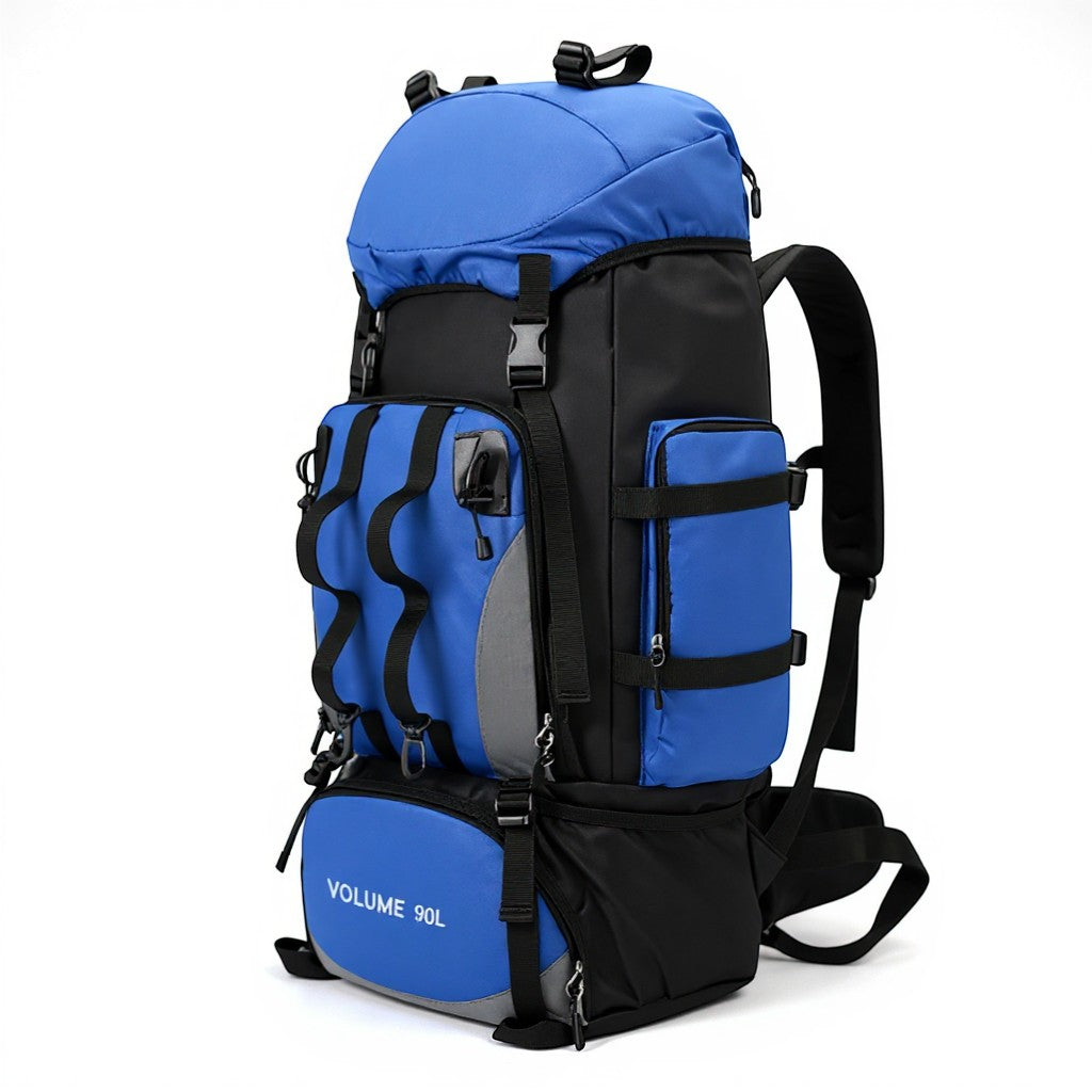 Sac à dos de randonnée Passion Randonnée bleu et noir en nylon, d'une capacité de 90 litres, conçu pour les expéditions, doté de nombreuses sangles et compartiments.