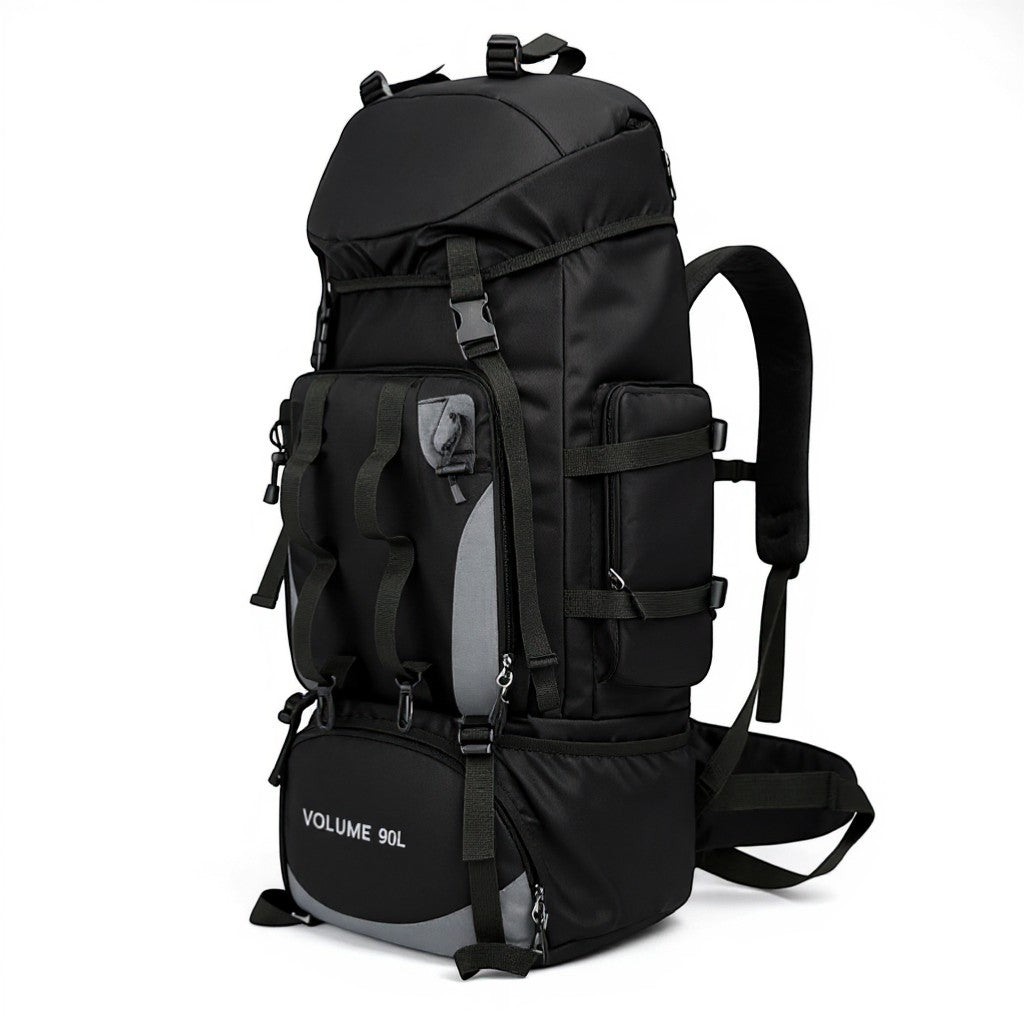 Sac à dos de randonnée Passion Randonnée noir 90 L en nylon, conçu pour les expéditions, doté de nombreuses sangles et compartiments.