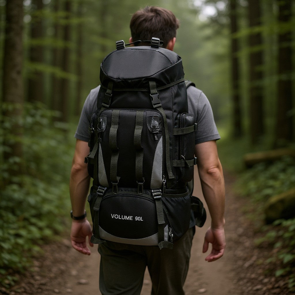 Sac à dos de randonnée Passion Randonnée en nylon noir de 90 litres, conçu pour les expéditions, doté de nombreuses sangles et compartiments.