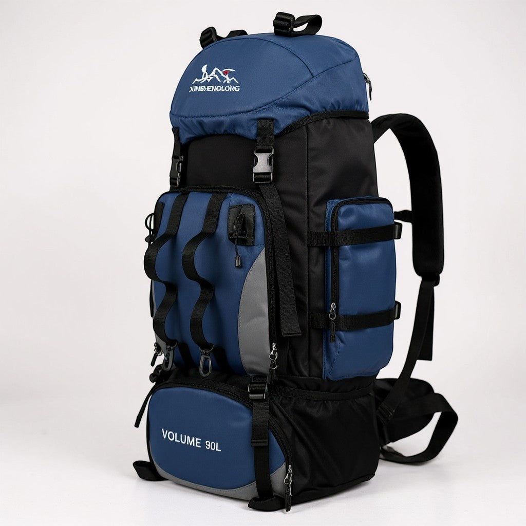 Sac à dos de randonnée Passion Randonnée bleu et noir en nylon, d'une capacité de 90 litres, conçu pour les expéditions, doté de nombreux compartiments et de sangles réglables.
