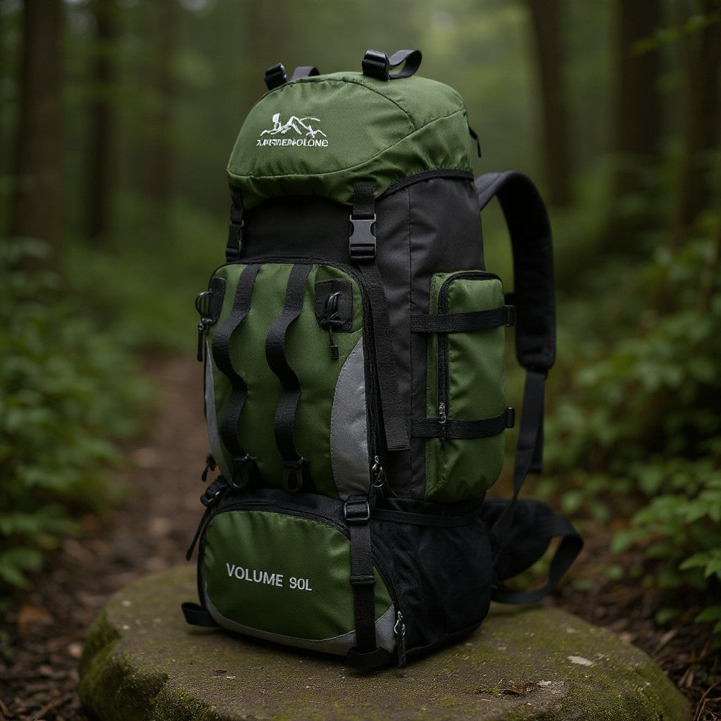 Sac à dos de randonnée Passion Randonnée 90 L en nylon vert et gris, conçu pour les expéditions, doté de nombreuses sangles et poches.