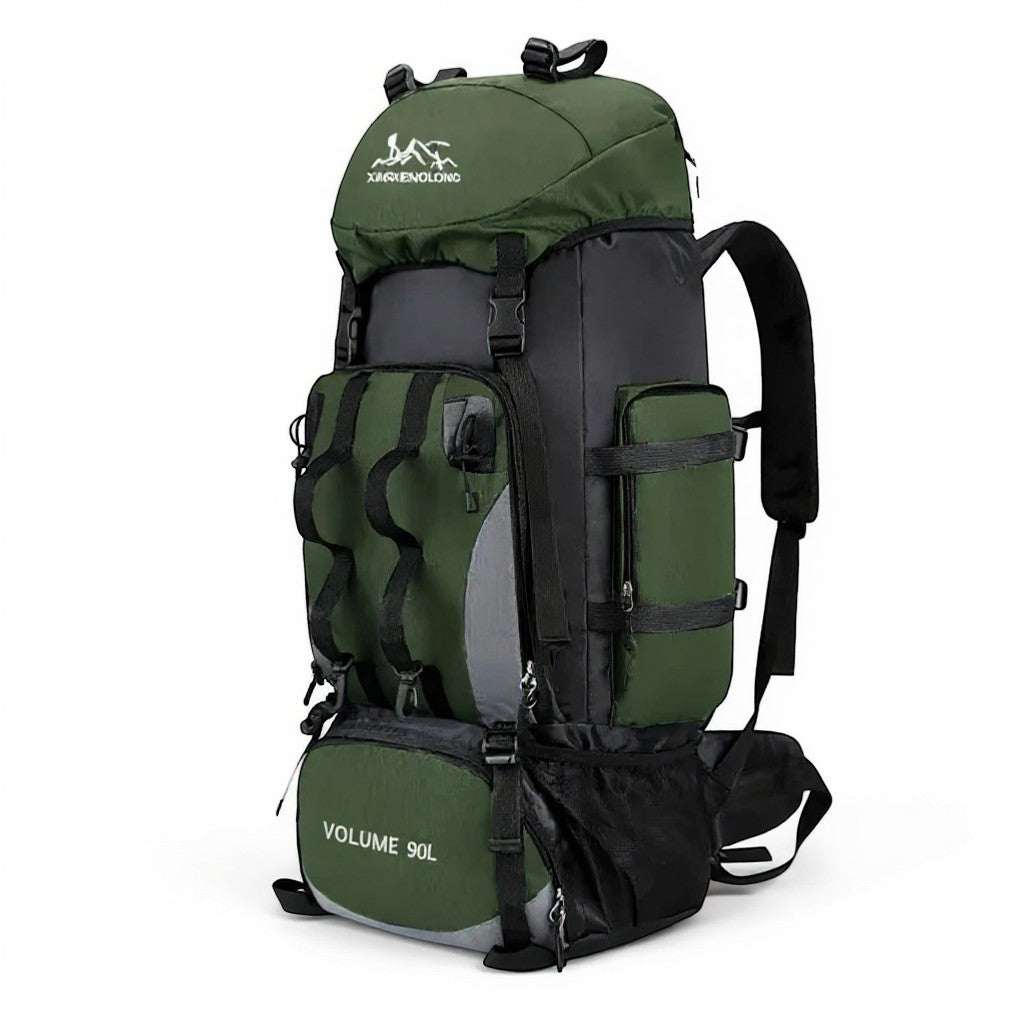 Sac à dos de randonnée Passion Randonnée 90 L en nylon vert et gris, conçu pour les expéditions, doté de nombreuses sangles et poches.