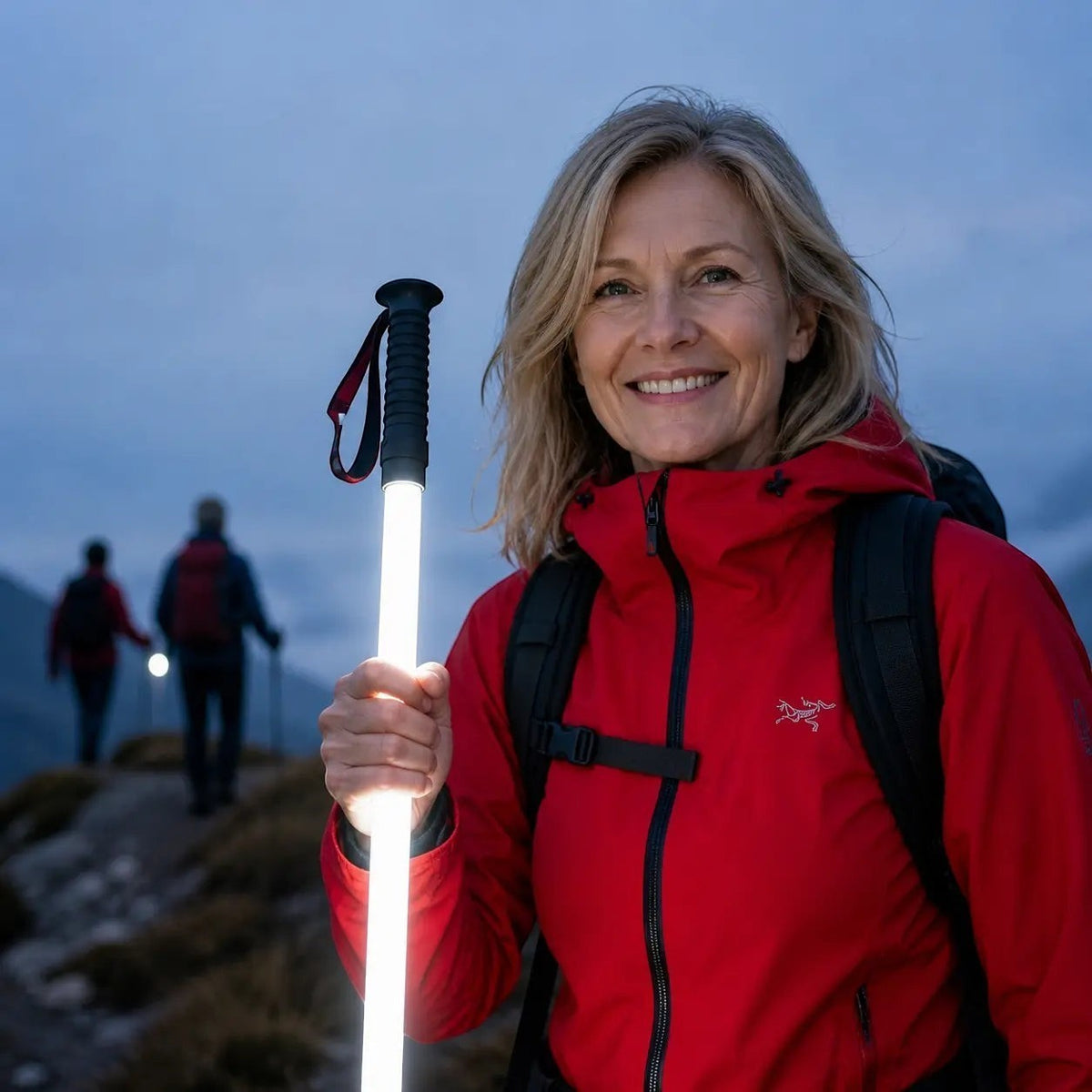 Femme souriante en randonnée tenant un bâton lumineux Passion Randonnée, avec un paysage de montagne en arrière-plan au crépuscule.