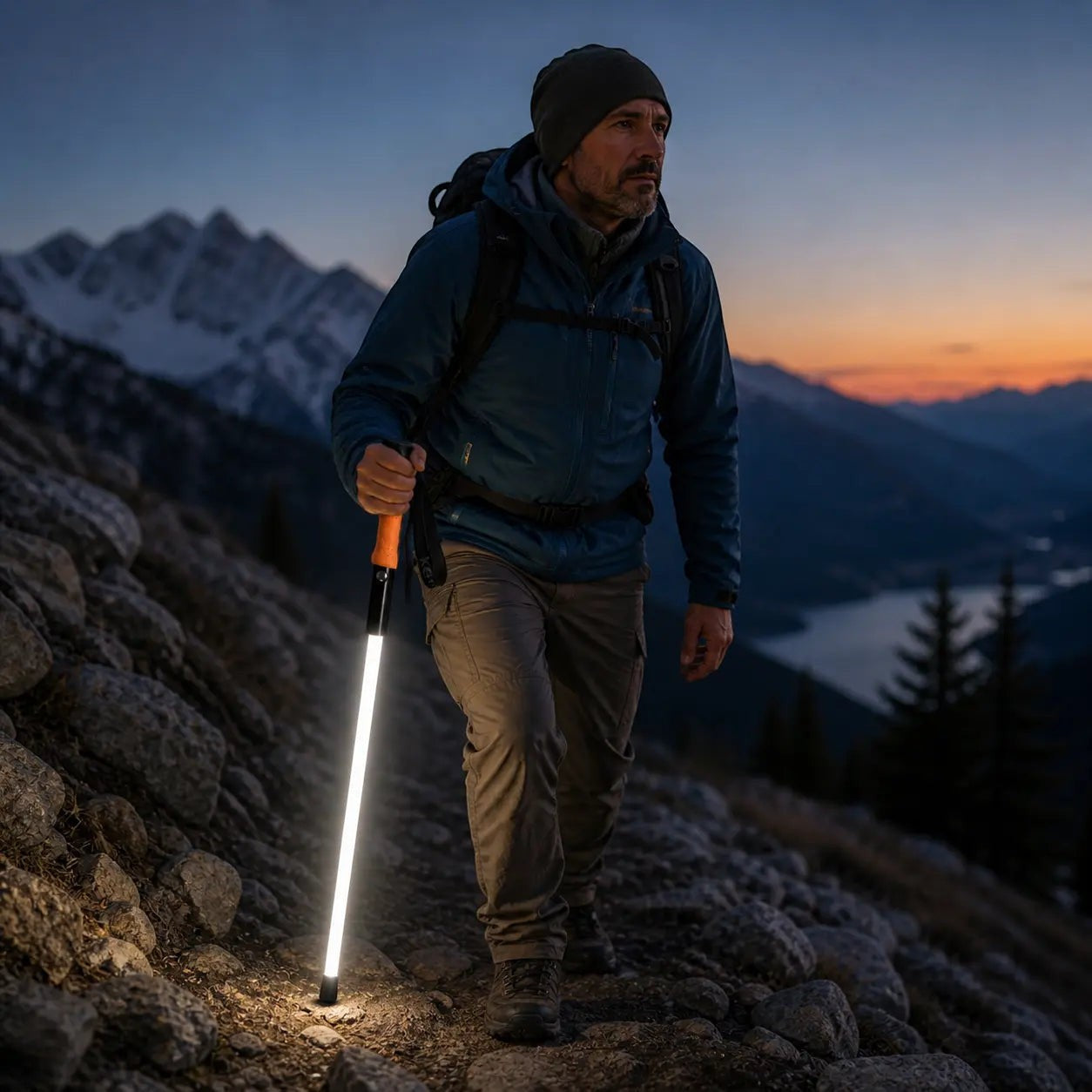 Homme en randonnée tenant un bâton lumineux Passion Randonnée sur un sentier de montagne au crépuscule, idéal pour éclairer le chemin en extérieur.