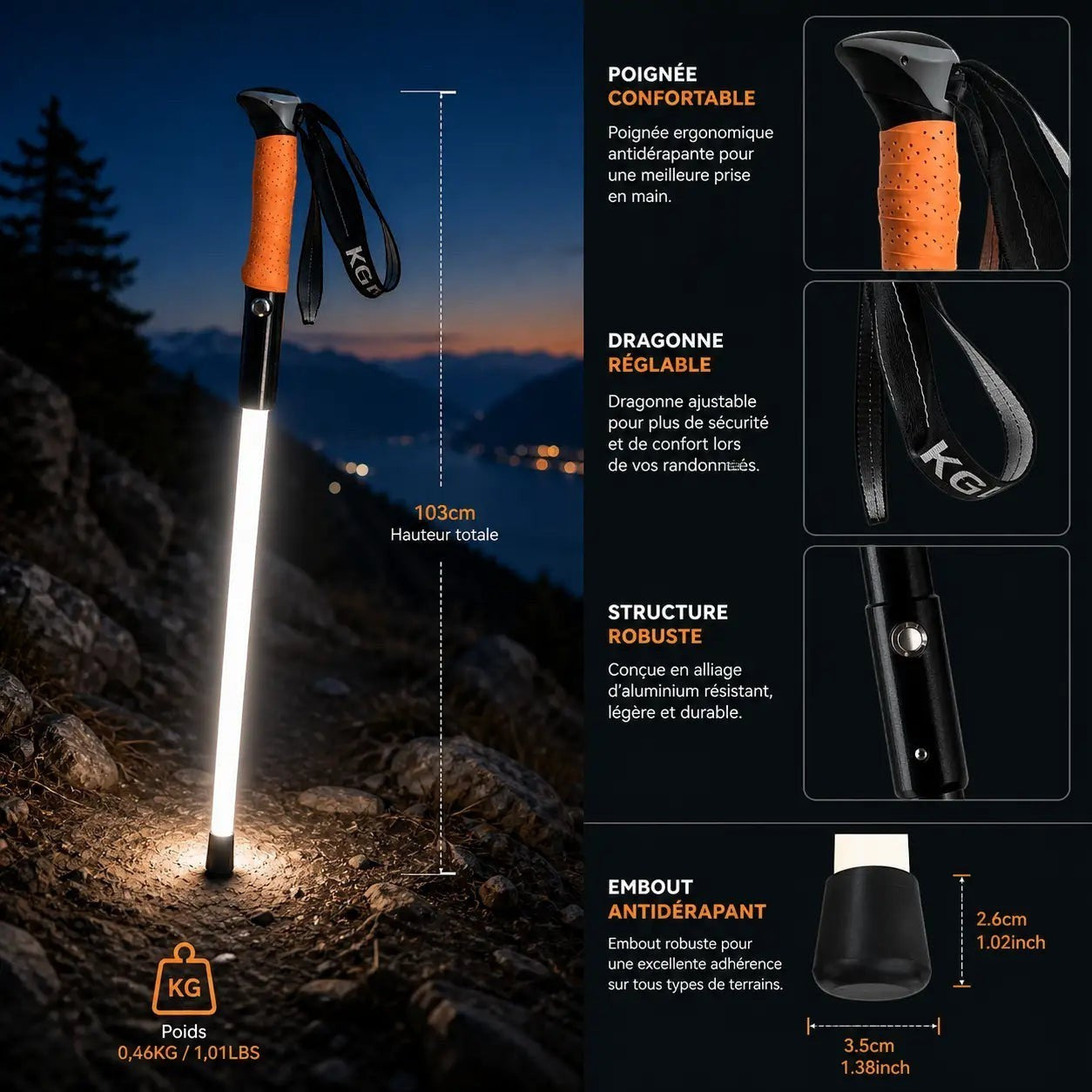 Bâton lumineux LED Passion Randonnée avec poignée confortable, dragonne réglable, structure robuste et embout antidérapant pour la randonnée.