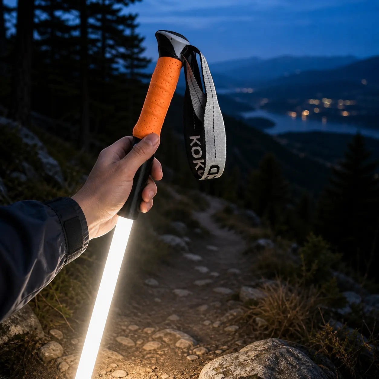 Main tenant un bâton lumineux Passion Randonnée au bord d’un sentier de randonnée de nuit, avec vue sur la montagne et le lac.