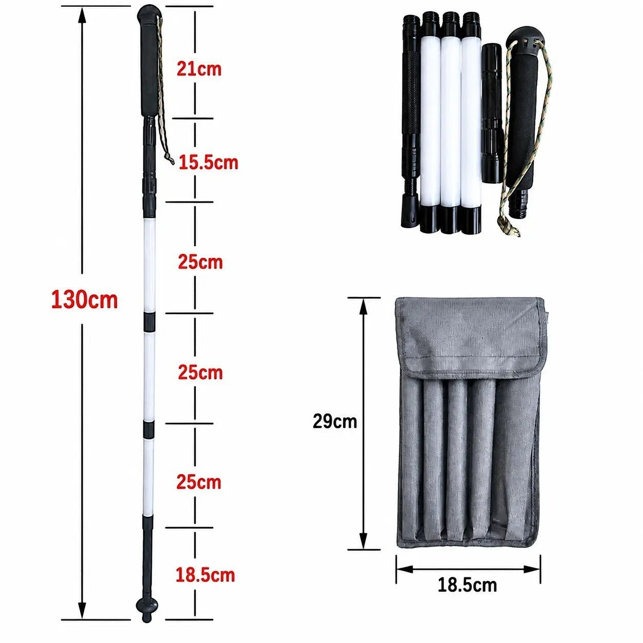 Bâton lumineux pliable Passion Randonnée de 130 cm avec sections démontables, housse de rangement grise et format pratique pour la randonnée de nuit.