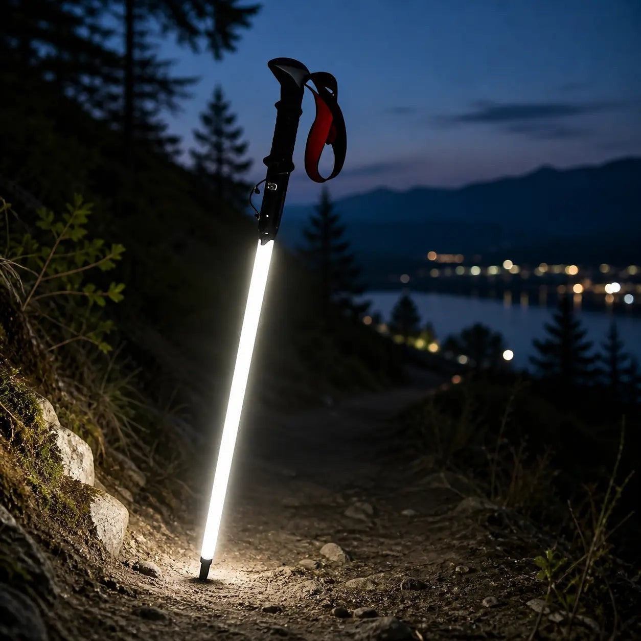 Bâton lumineux de randonnée Passion Randonnée posé sur un sentier de montagne de nuit, idéal pour éclairer le chemin en extérieur.