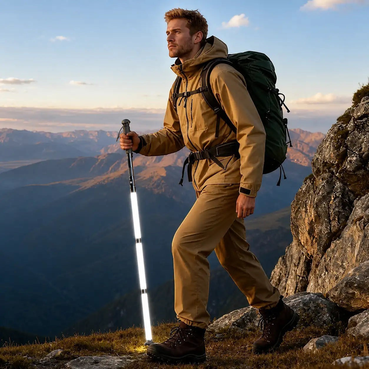 Randonneur utilisant un bâton lumineux Passion Randonnée sur un sentier de montagne, pratique pour marcher avec visibilité en randonnée.