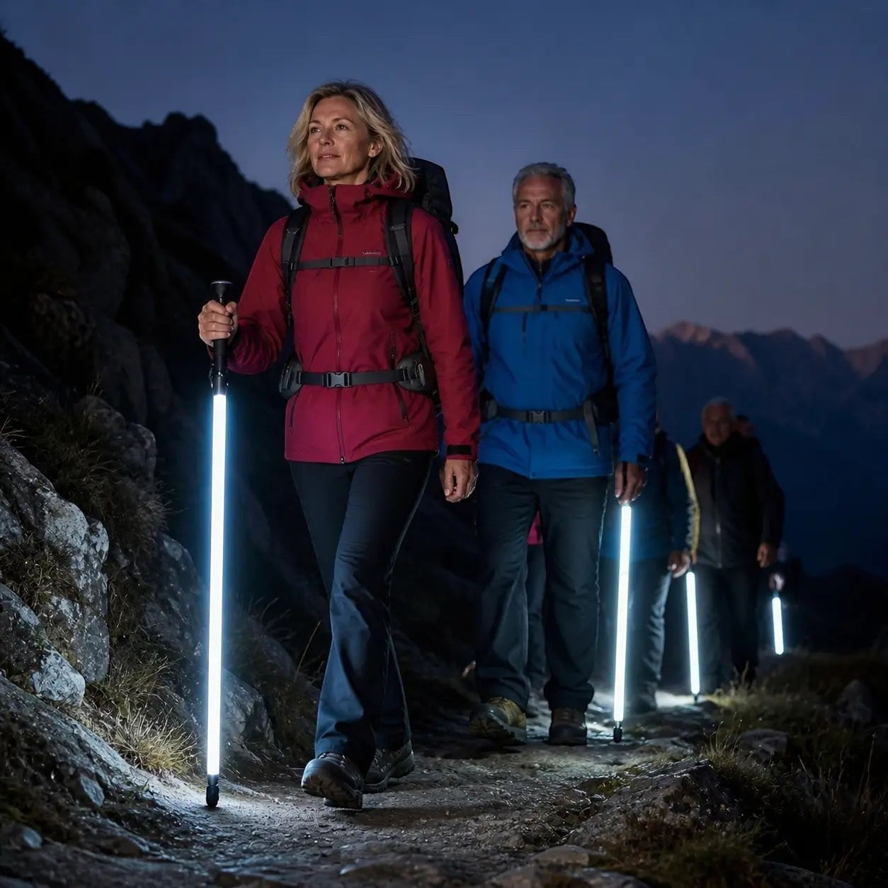 Groupe de randonneurs marchant de nuit avec des bâtons lumineux Passion Randonnée sur un sentier en montagne.