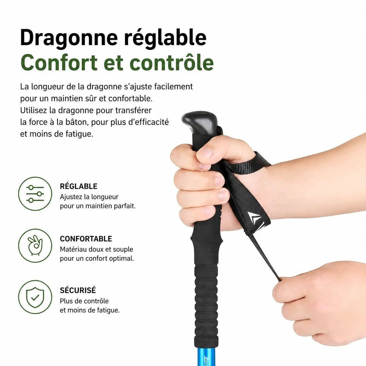 Zoom sur la dragonne réglable d’un bâton de randonnée Passion Randonnée, conçue pour améliorer le confort, le contrôle et le maintien en main.