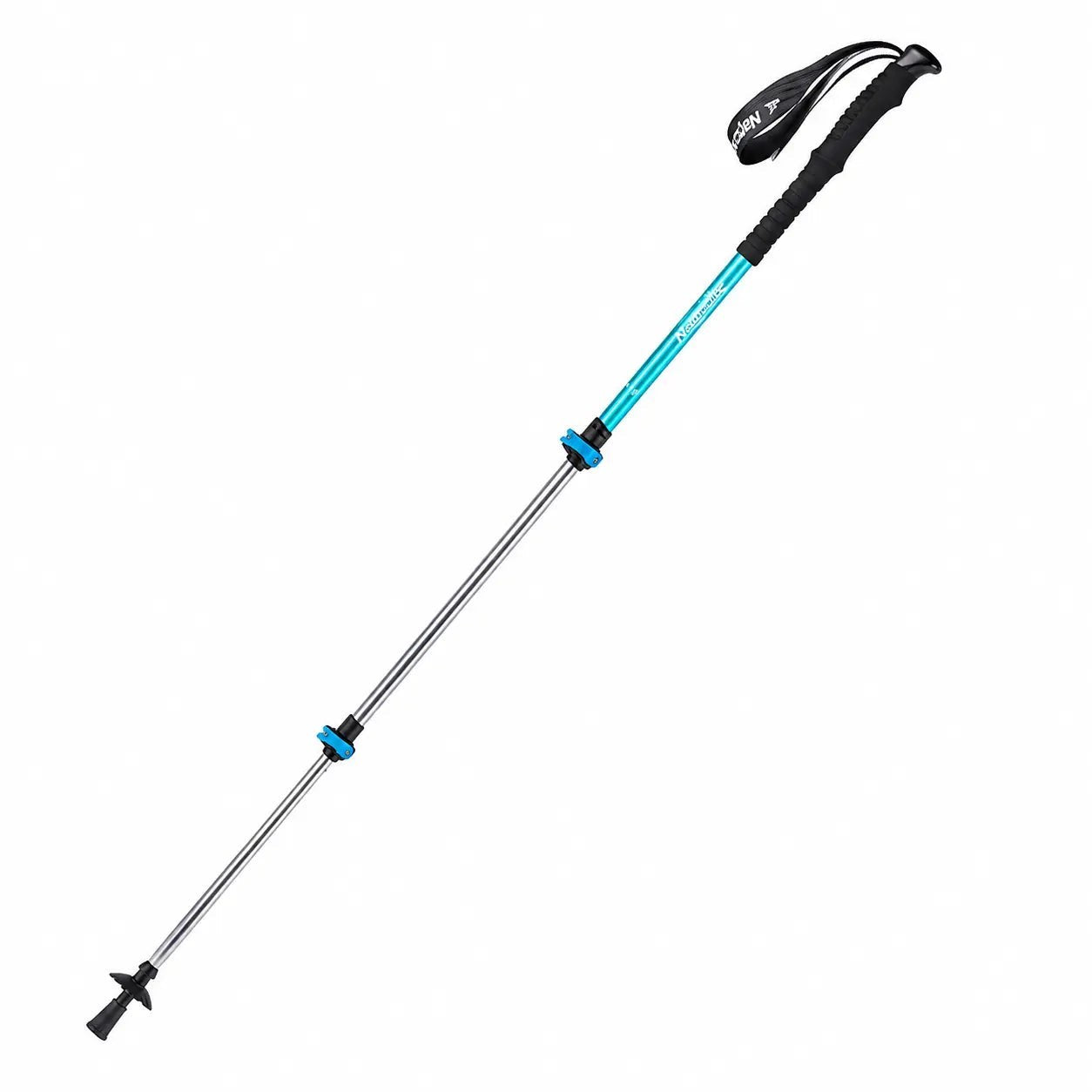 Bâton de randonnée télescopique bleu Passion Randonnée présenté sur fond uni, avec poignée ergonomique, dragonne et pointe pour la marche.