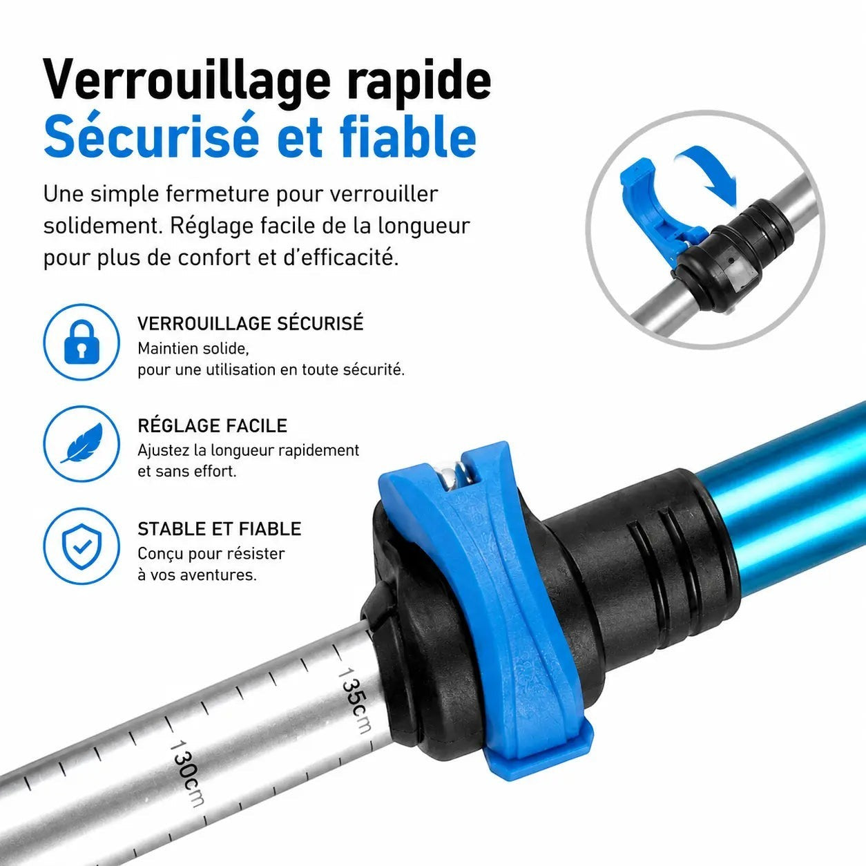 Détail du système de verrouillage rapide d’un bâton télescopique Passion Randonnée, pensé pour un réglage simple, stable et sécurisé.