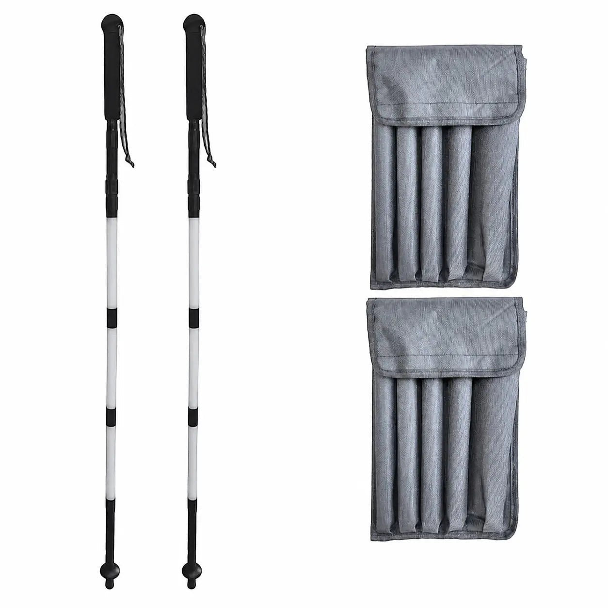 Pack Passion Randonnée avec deux bâtons lumineux pliables et deux housses de rangement grises, pratique pour la marche et la randonnée nocturne.