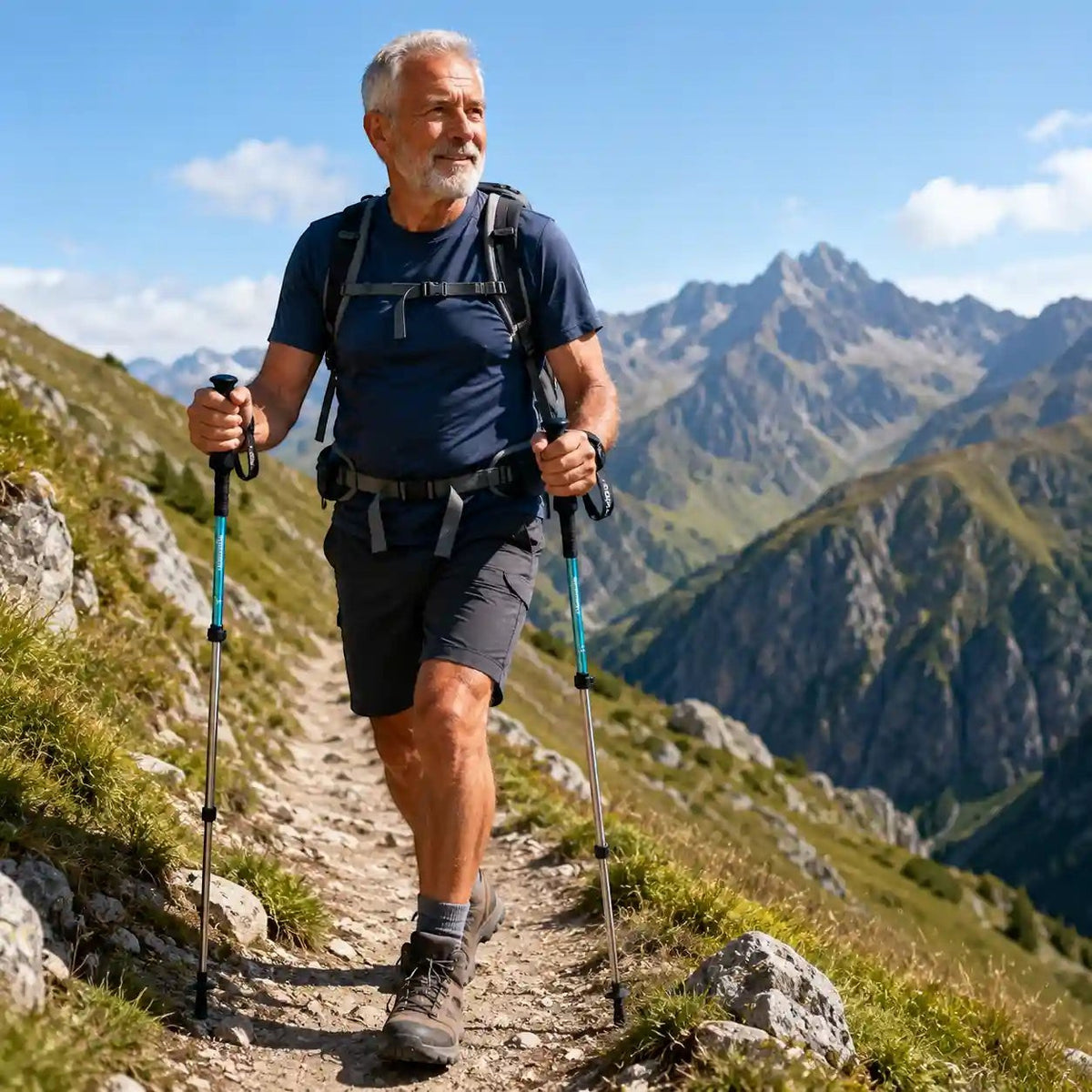 Homme senior en montagne utilisant des bâtons de marche Passion Randonnée sur un sentier alpin, pour plus de stabilité pendant la randonnée.