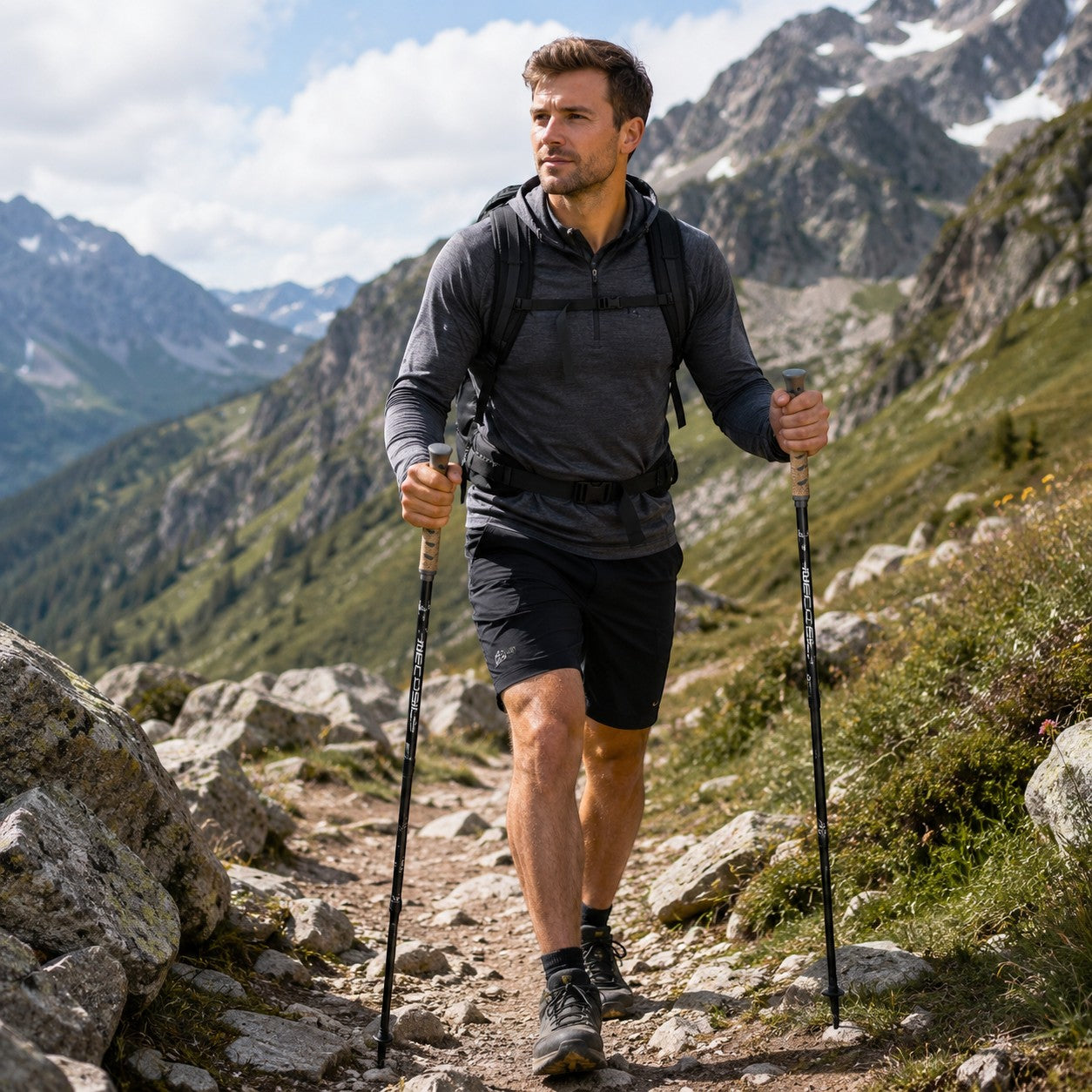 Homme utilisant des bâtons de marche Passion Randonnée sur un sentier de montagne, pour améliorer l’équilibre et la stabilité en randonnée.