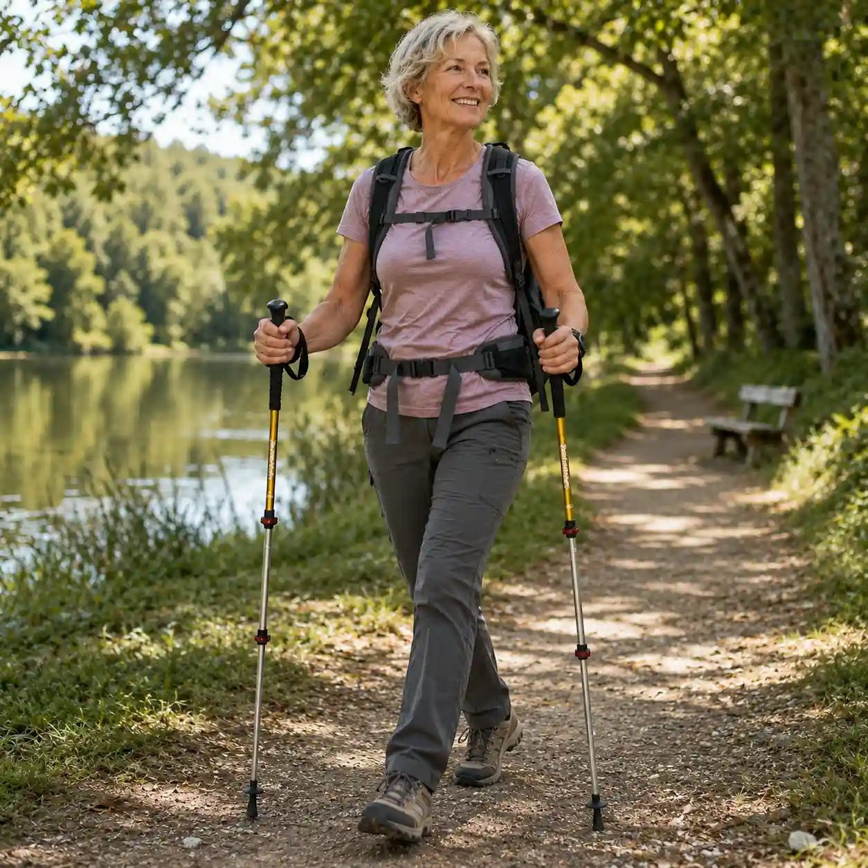 Femme senior marchant avec des bâtons de randonnée Passion Randonnée sur un chemin en pleine nature, pour une marche plus confortable et équilibrée.