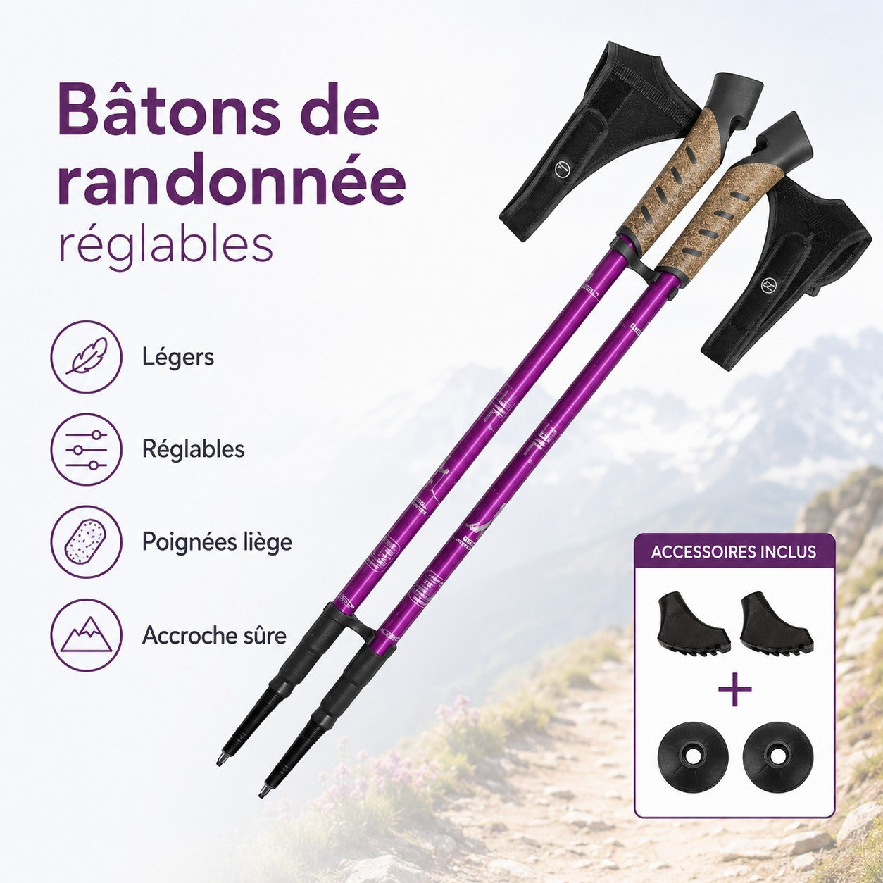 Bâtons de randonnée violets Passion Randonnée réglables, légers et équipés de poignées en liège pour une bonne prise en main.
