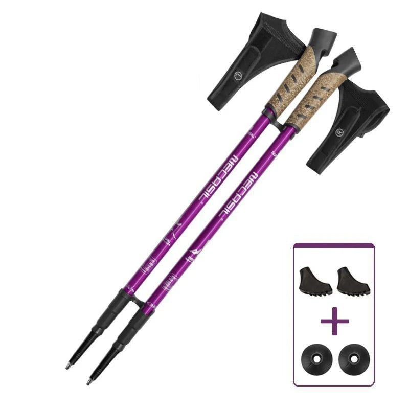 Paire de bâtons de trekking violets Passion Randonnée avec embouts et rondelles inclus, adaptée aux randonnées sur terrains variés.