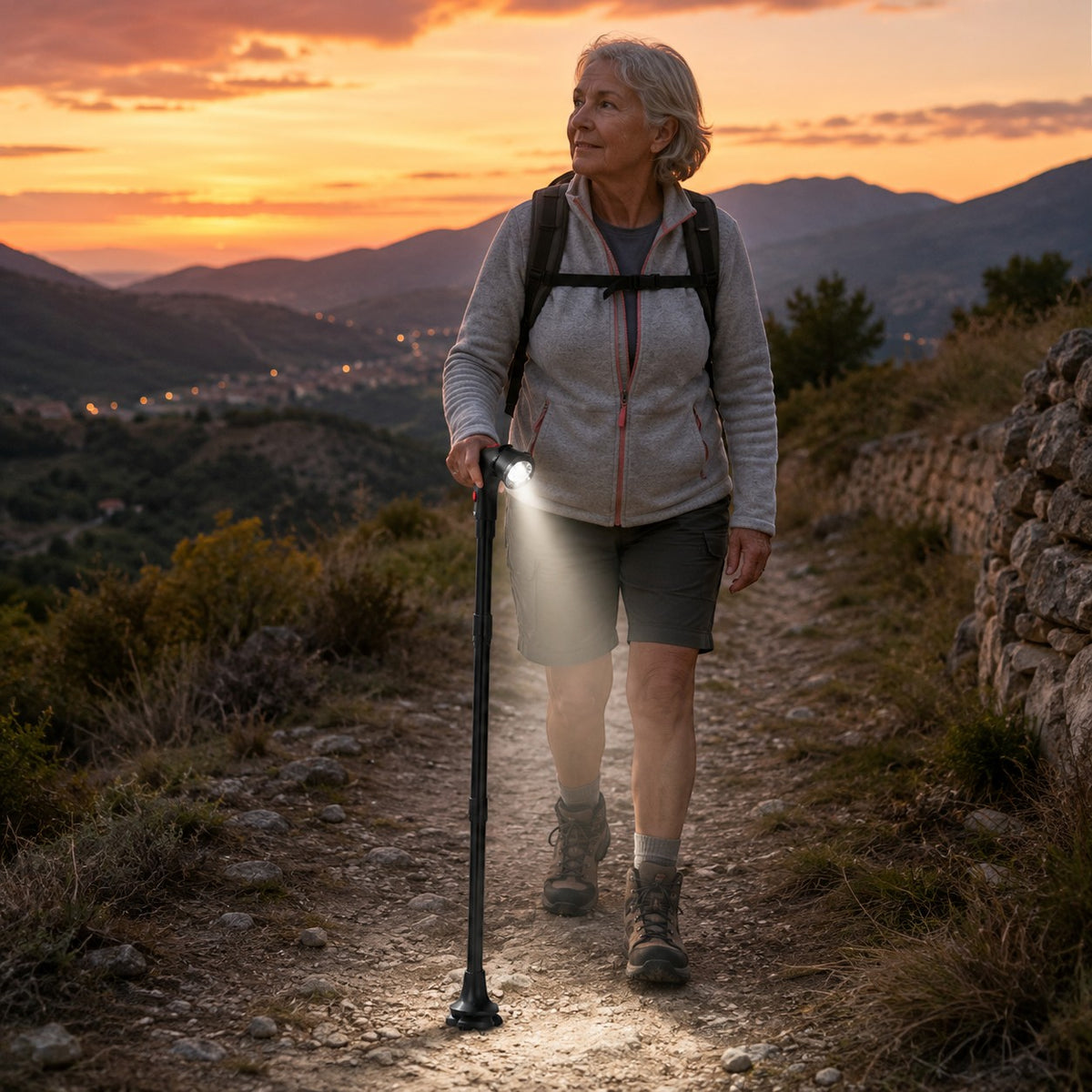 Femme utilisant une canne LED Passion Randonnée sur un sentier au crépuscule, idéale pour marcher avec plus de visibilité en extérieur.