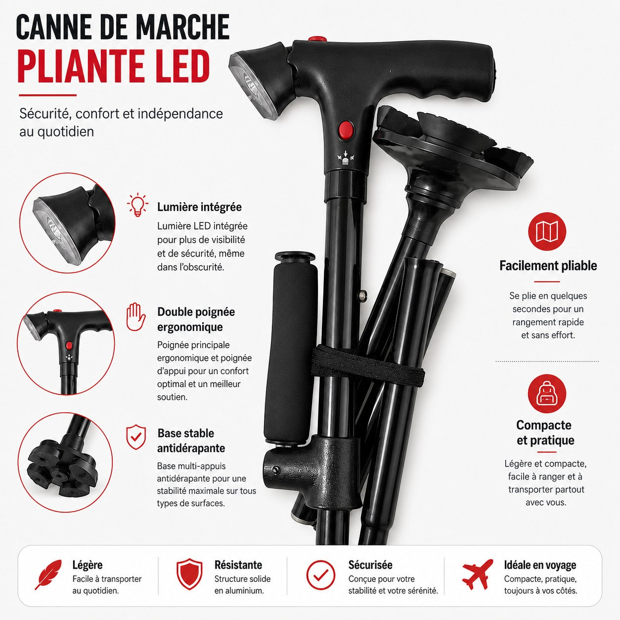 Canne de marche LED pliante Passion Randonnée, compacte et légère, avec lampe intégrée, base antidérapante et poignée confortable.