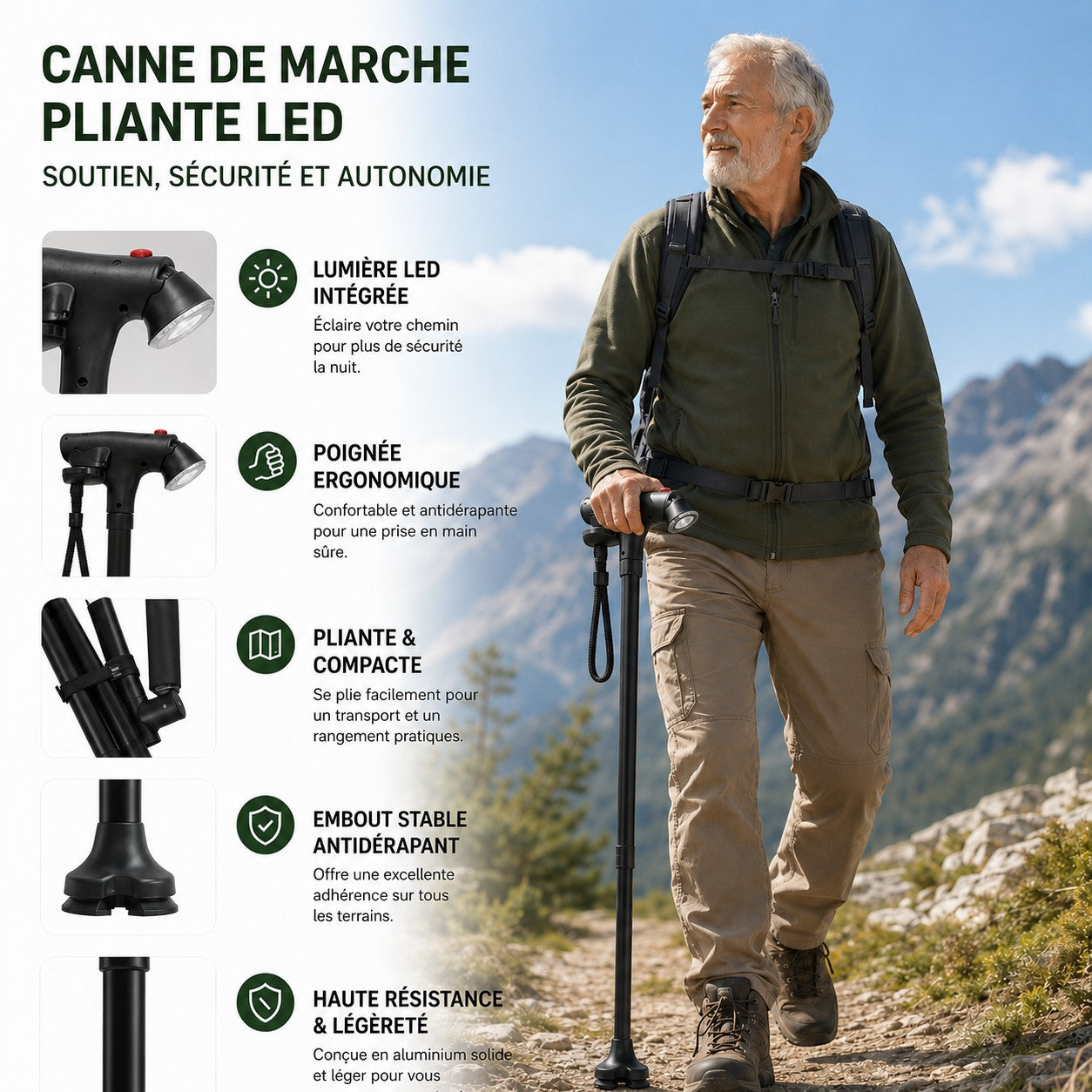 Homme senior utilisant une canne de marche pliante LED Passion Randonnée en montagne, avec poignée ergonomique et lumière intégrée pour plus de sécurité.