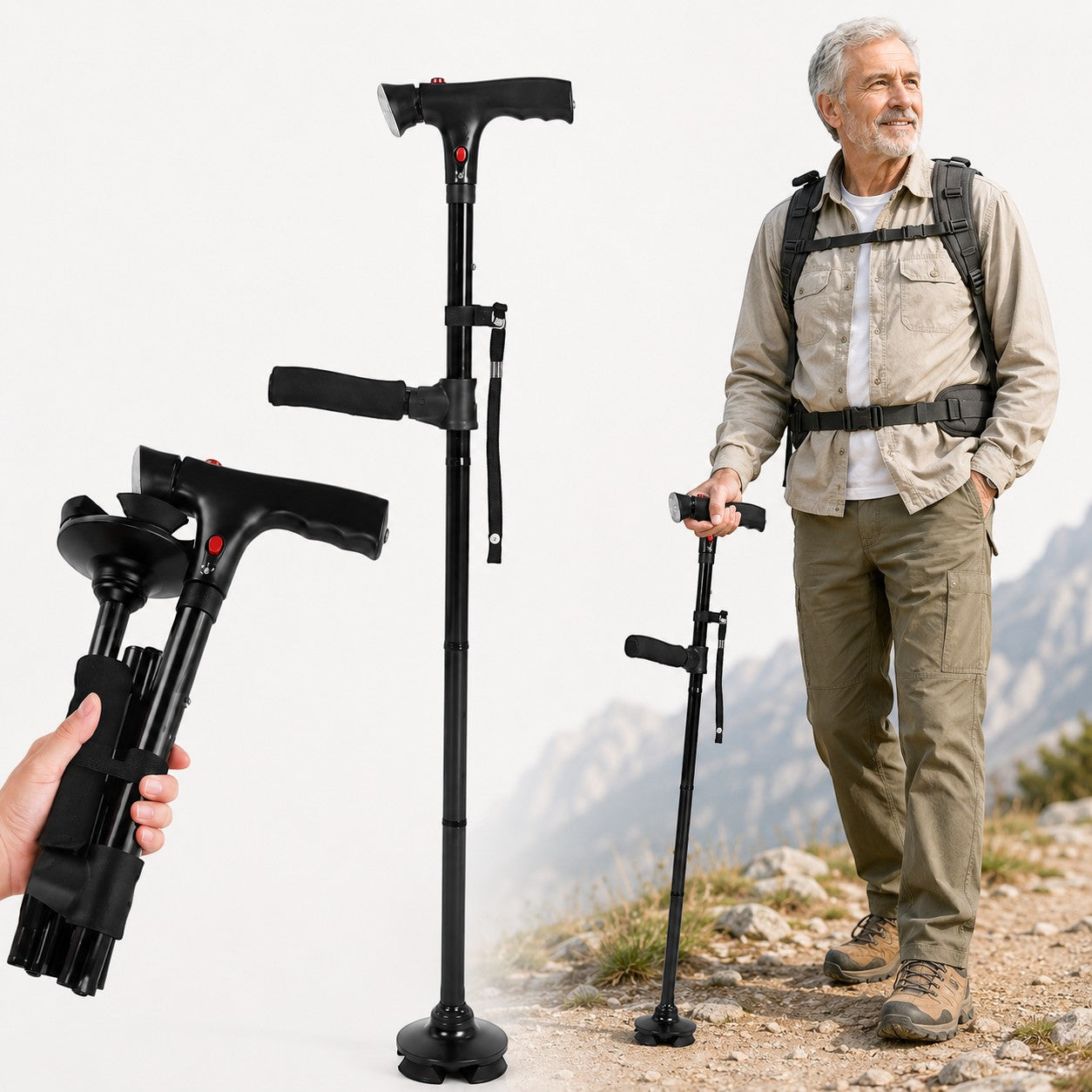 Canne pliante LED Passion Randonnée présentée pliée et dépliée, avec poignée double, embout stable et format pratique pour la randonnée.