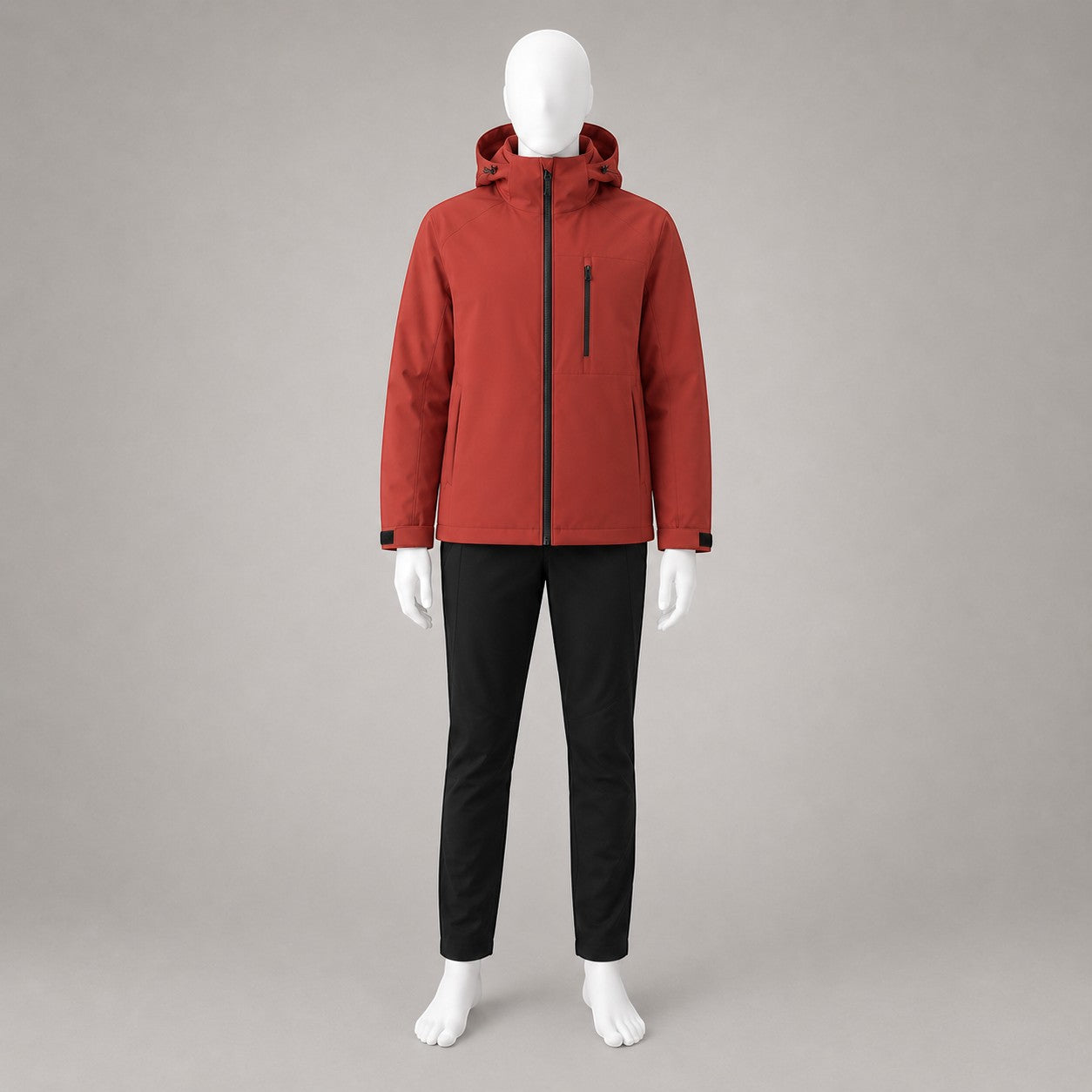Ensemble femme Passion Randonnée avec veste rouge à capuche et pantalon noir, conçu pour les randonnées, balades et sorties en nature.
