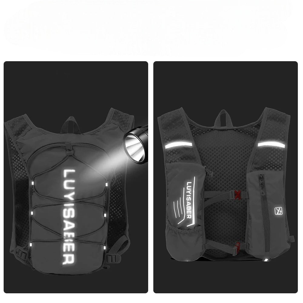 Gilet d'hydratation de course à pied Passion Randonnée en nylon léger noir, conçu pour le trail et le marathon, avec des éléments réfléchissants.