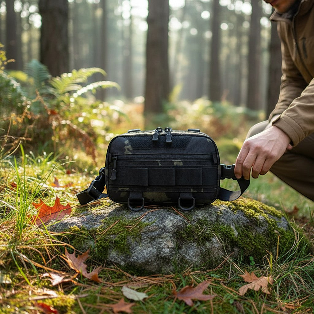 Harnais de poitrine compact Passion Randonnée en tissu tactique 600D camouflage noir et vert, avec système MOLLE et sangles réglables.