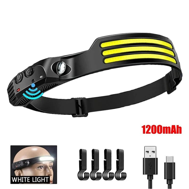 Lampe frontale Passion Randonnée 1 LED avec accessoires, batterie 1200 mAh, câble USB et embouts inclus pour une utilisation outdoor pratique.