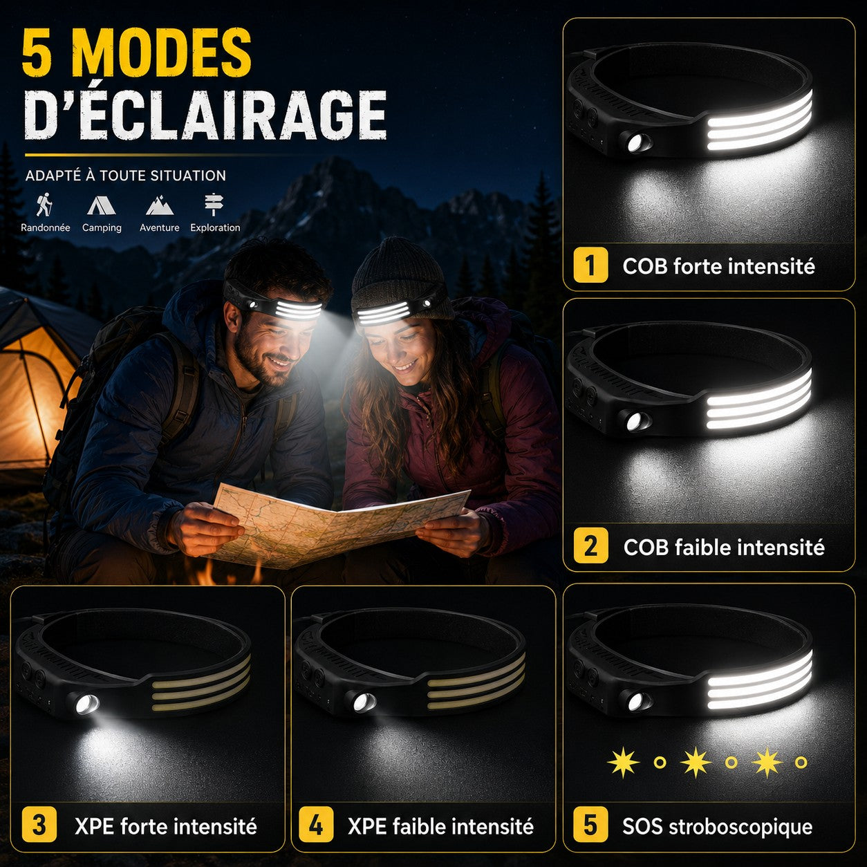 Lampe frontale Passion Randonnée avec 5 modes d’éclairage, COB forte intensité, COB faible intensité, XPE forte intensité, XPE faible intensité et SOS stroboscopique.