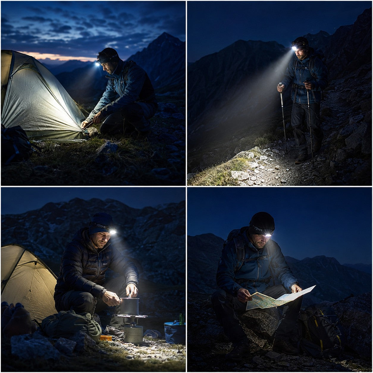 Lampe frontale Passion Randonnée utilisée en bivouac et randonnée de nuit, pratique pour monter une tente, marcher, cuisiner ou lire une carte en extérieur.