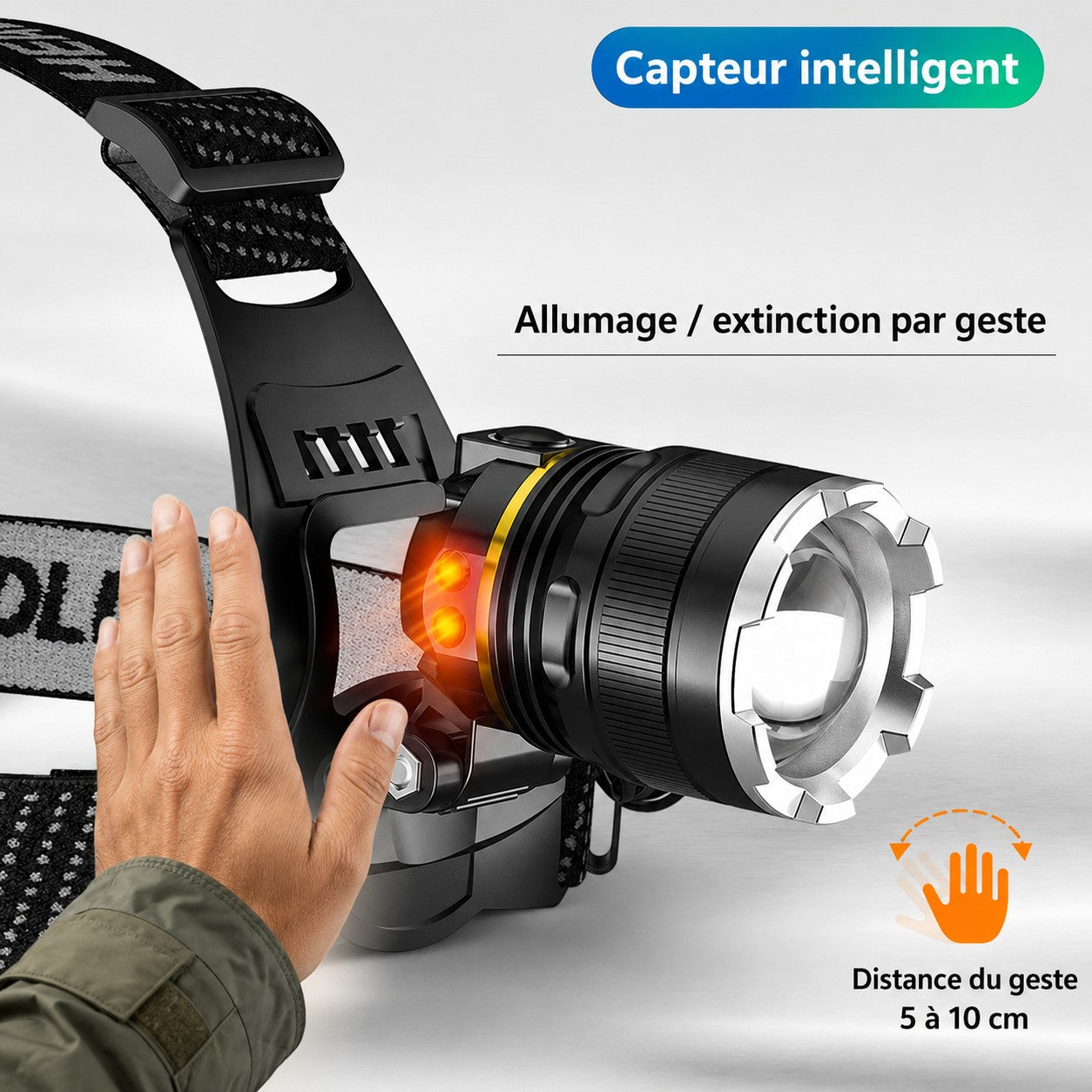 Lampe frontale Passion Randonnée avec capteur intelligent, permettant l’allumage et l’extinction par geste sans contact direct.