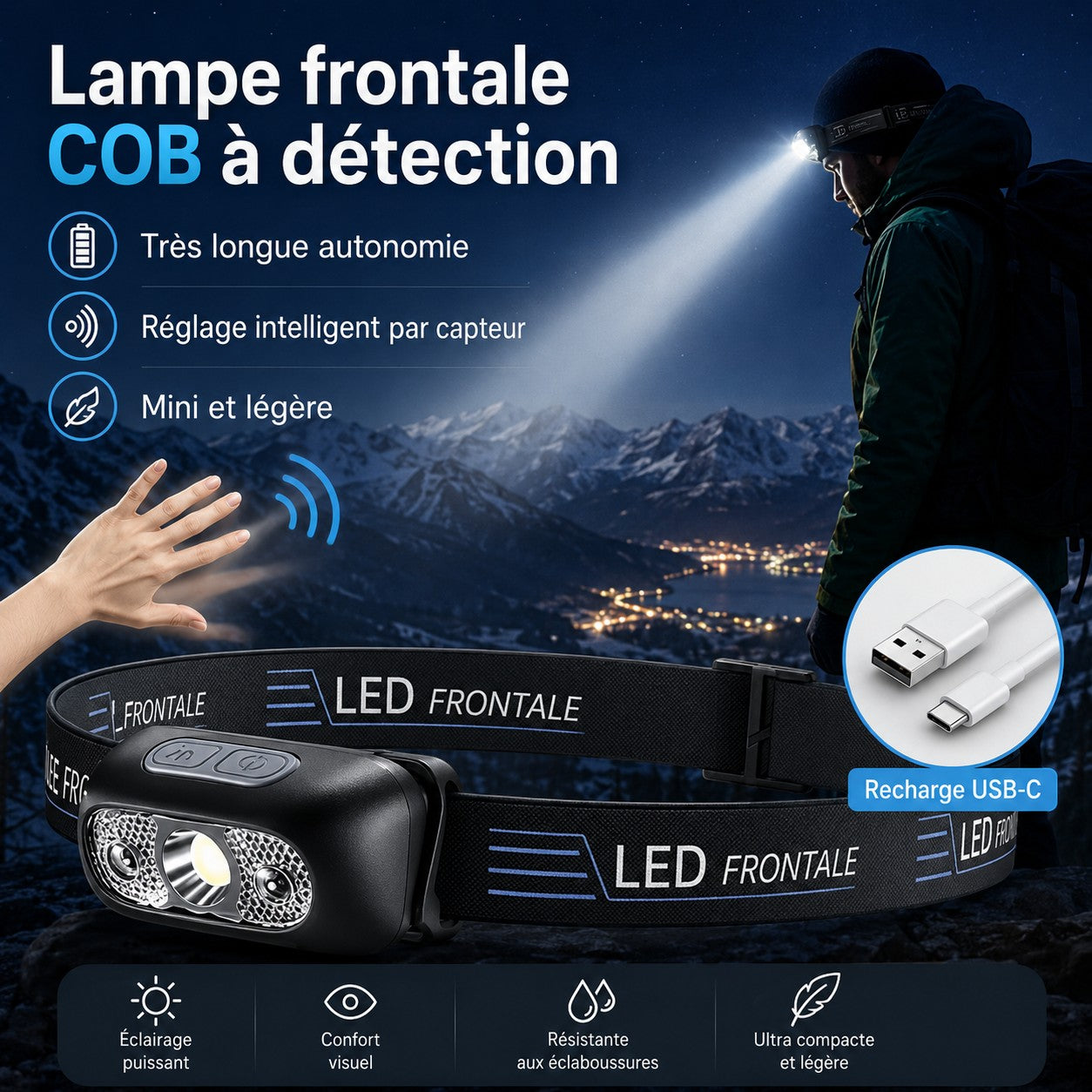 Lampe frontale COB à détection Passion Randonnée avec recharge USB-C, réglage par capteur et éclairage puissant pour la randonnée nocturne.