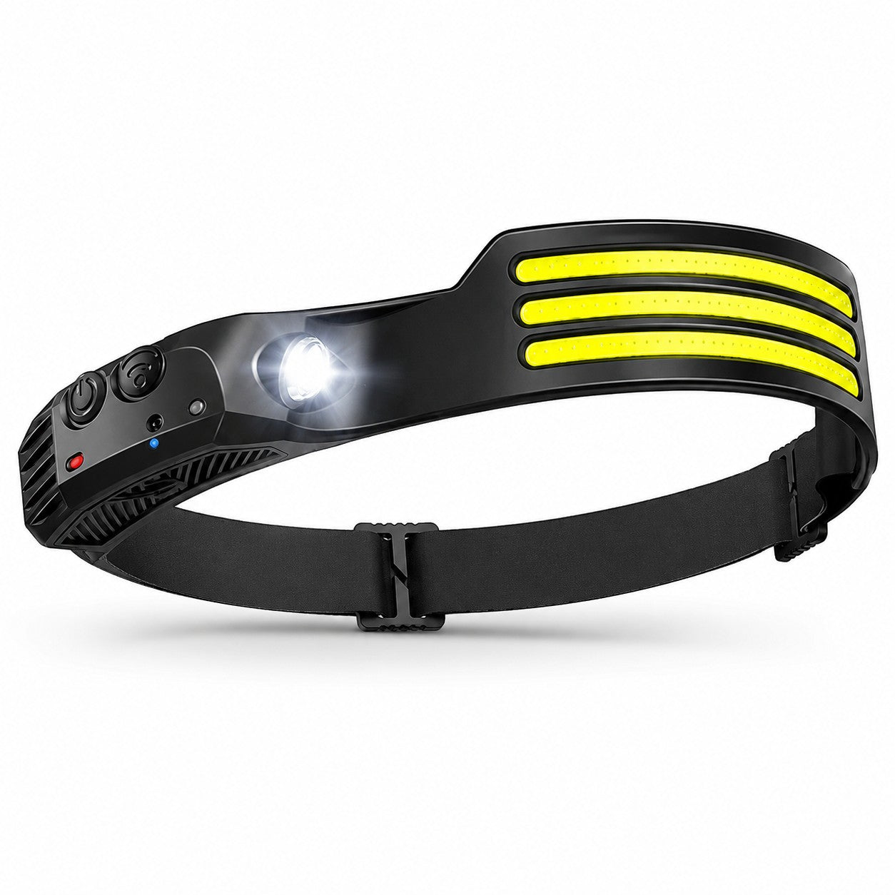 Lampe frontale COB noire Passion Randonnée présentée sur fond clair, avec bandeau réglable, LED XPE et éclairage large pour les activités nocturnes.