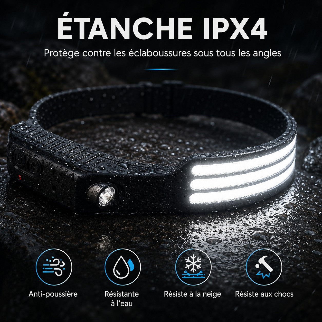 Lampe frontale Passion Randonnée étanche IPX4, résistante aux éclaboussures, à la neige, à la poussière et aux chocs pour les sorties outdoor.