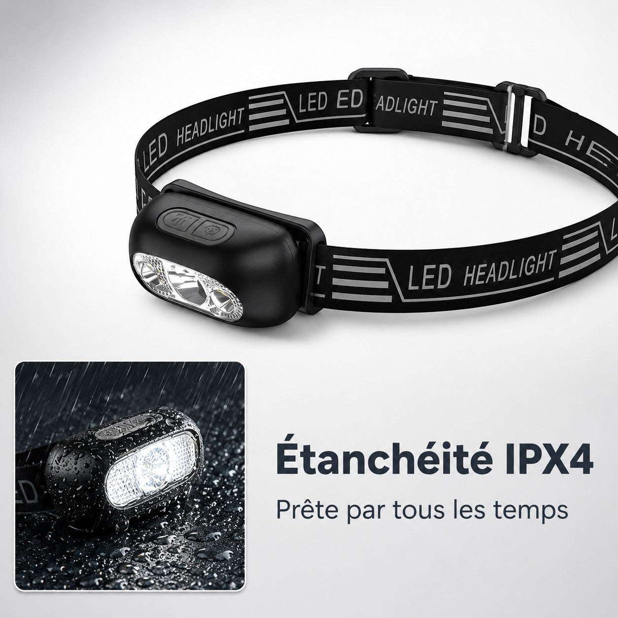 Lampe frontale Passion Randonnée étanche IPX4, prête à résister aux éclaboussures et aux sorties outdoor par temps humide.