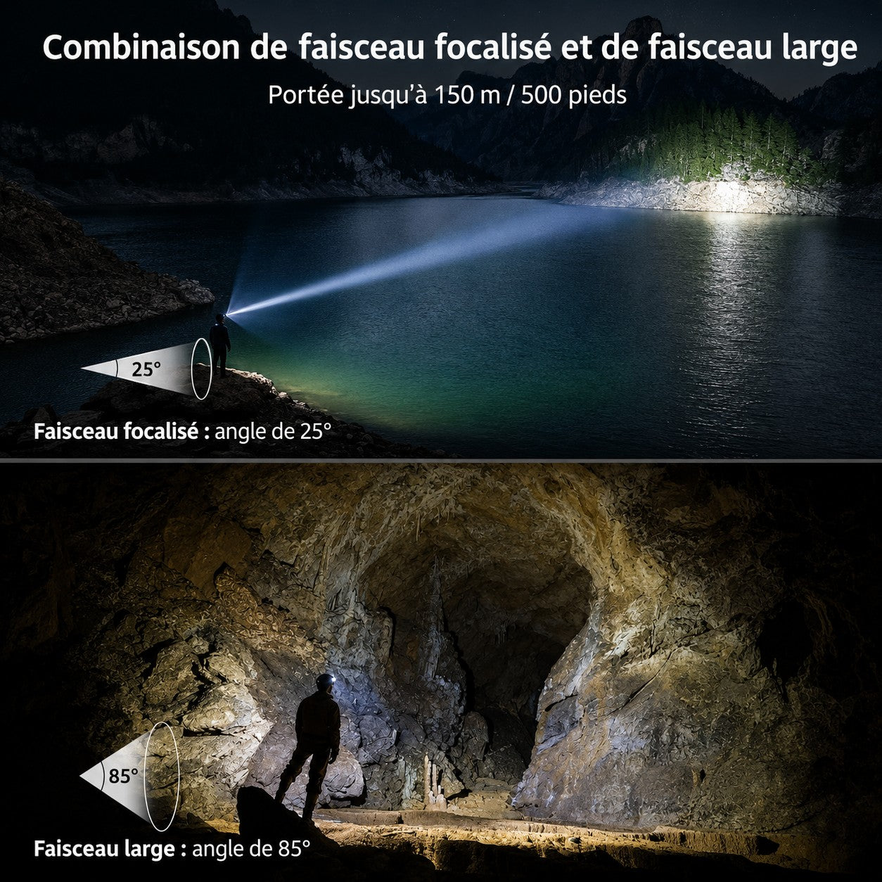 Lampe frontale Passion Randonnée avec faisceau focalisé longue portée et faisceau large, adaptée aux sentiers, grottes et sorties nocturnes.