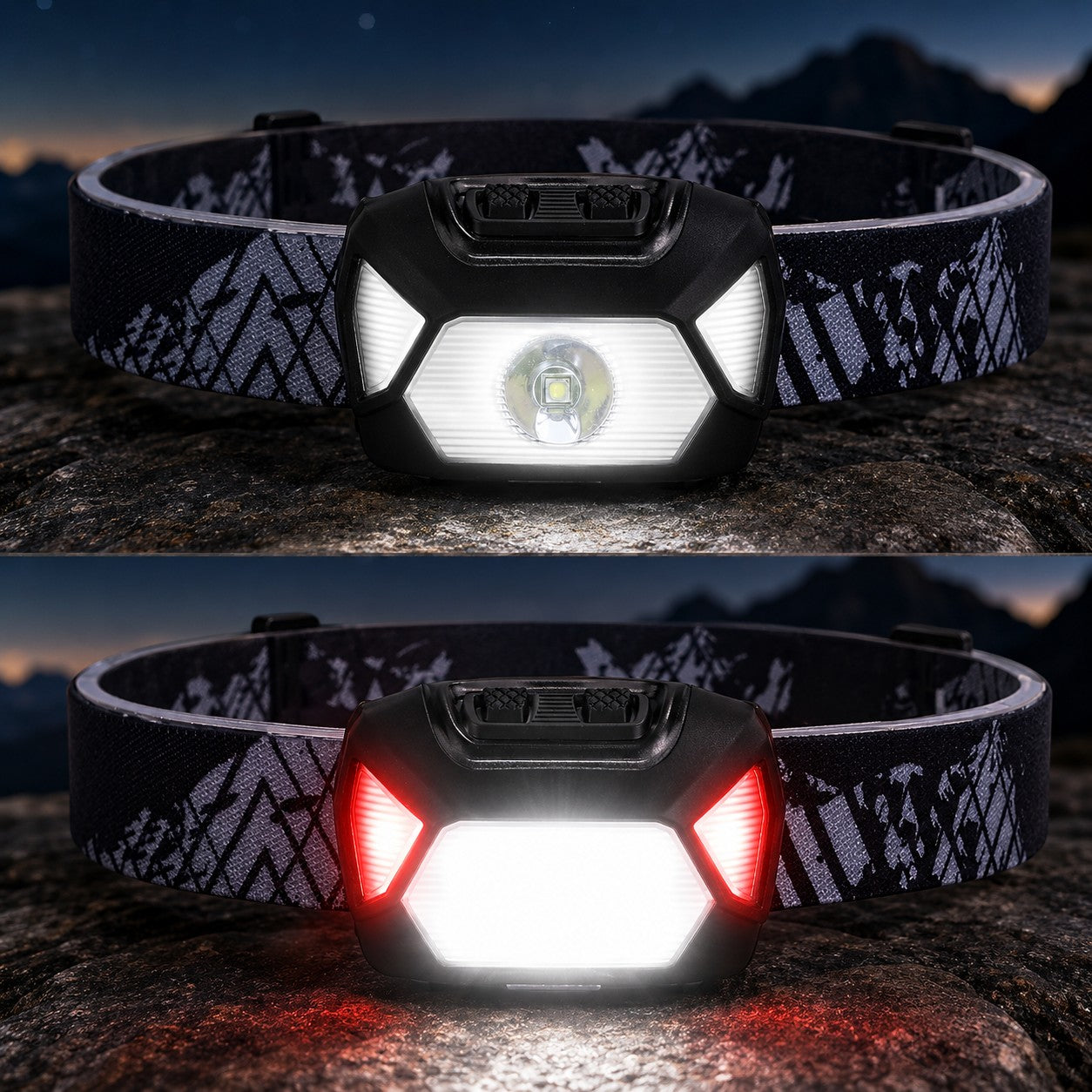 Lampe frontale LED Passion Randonnée avec éclairage blanc et rouge, bandeau réglable et format compact pour la randonnée, le bivouac et les sorties de nuit.